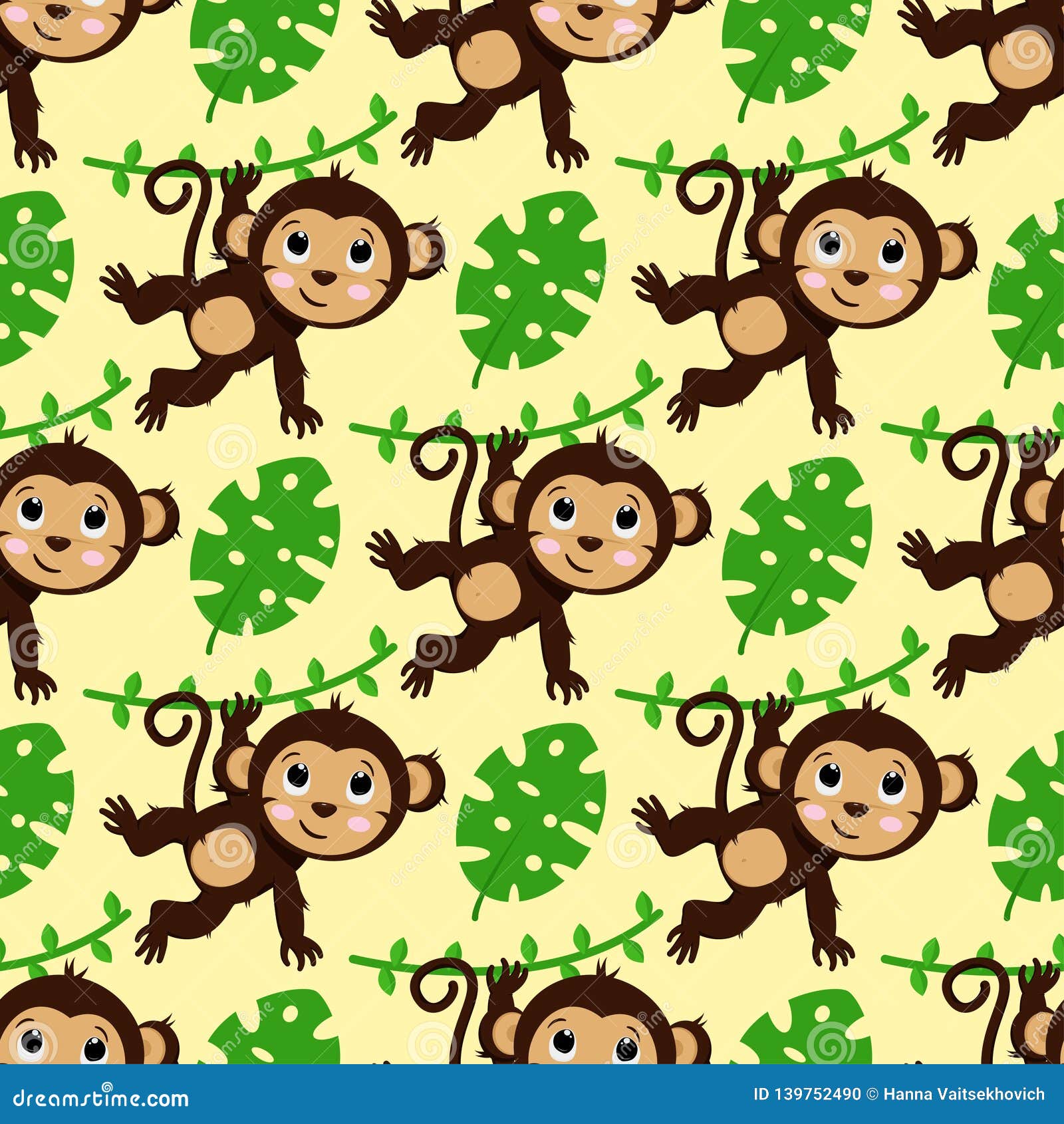 Seamless Pattern with Monkey and Leaves - Vector Illustration, Eps ...