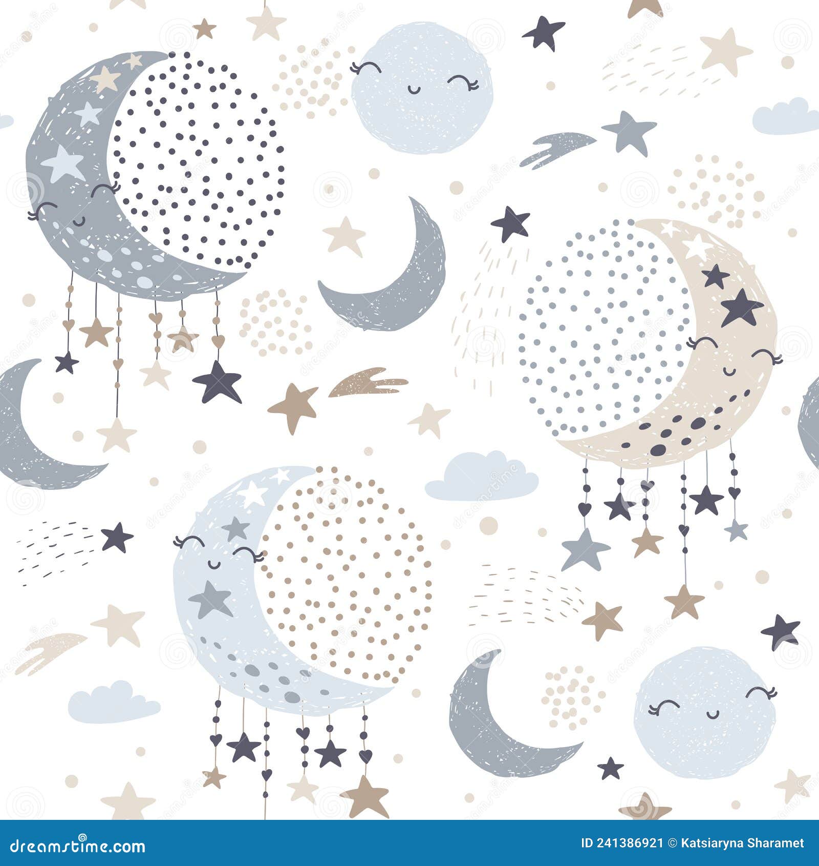 seamless pattern with cute moon, stars and clouds. kids background.  
