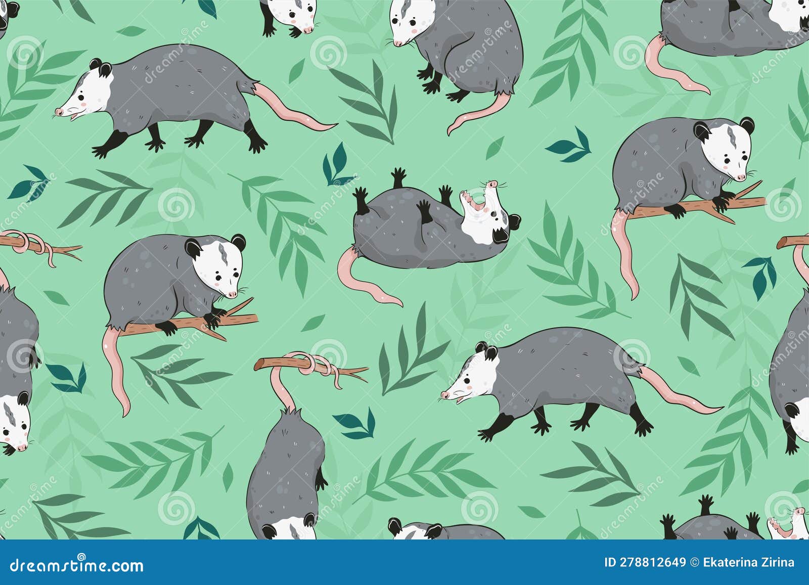 seamless pattern with cute opossums and leaves.  graphics