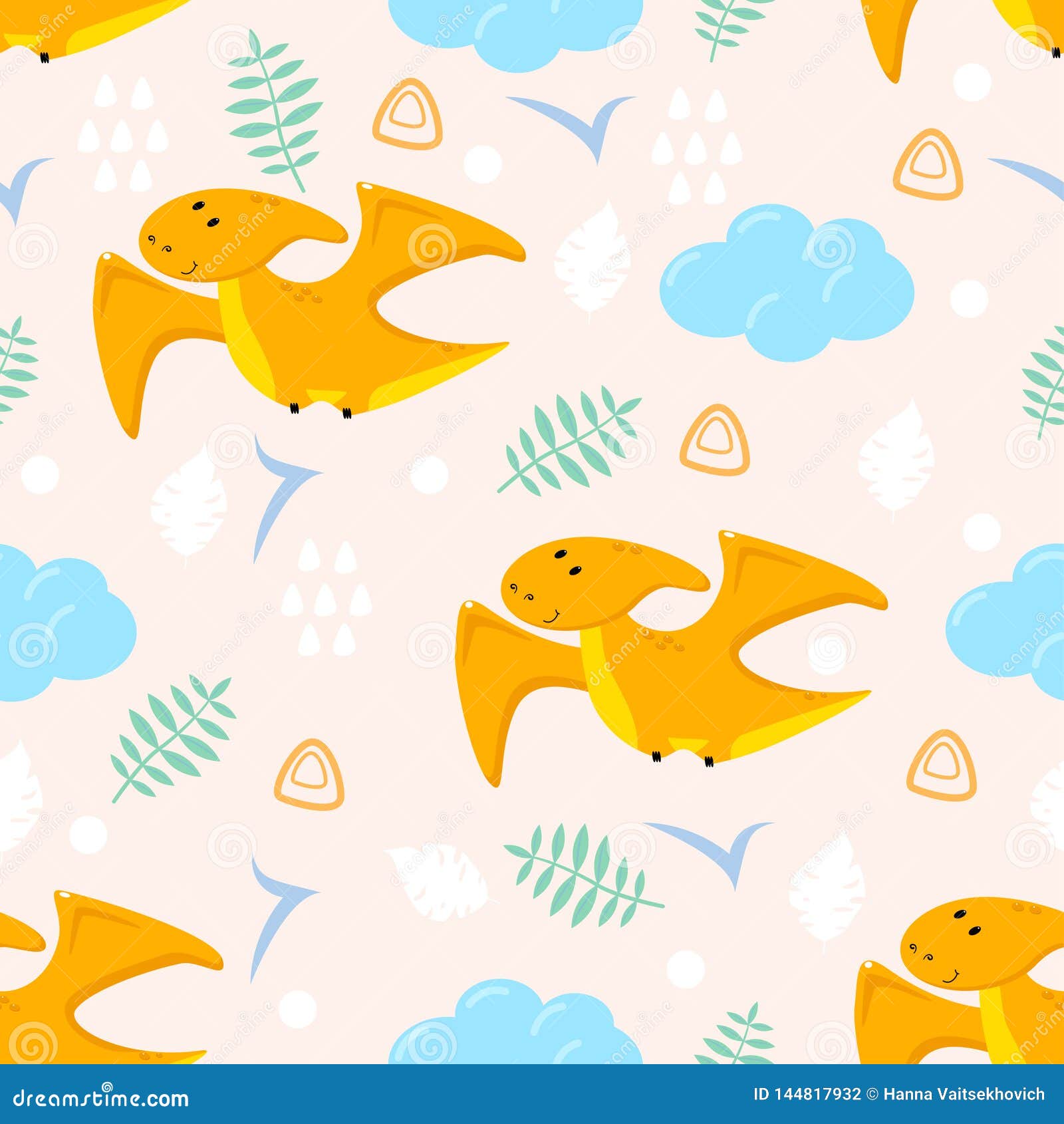 Seamless Pattern with Cute Orange Dinosaur and Cloud Vector Illustration, Eps Stock Vector