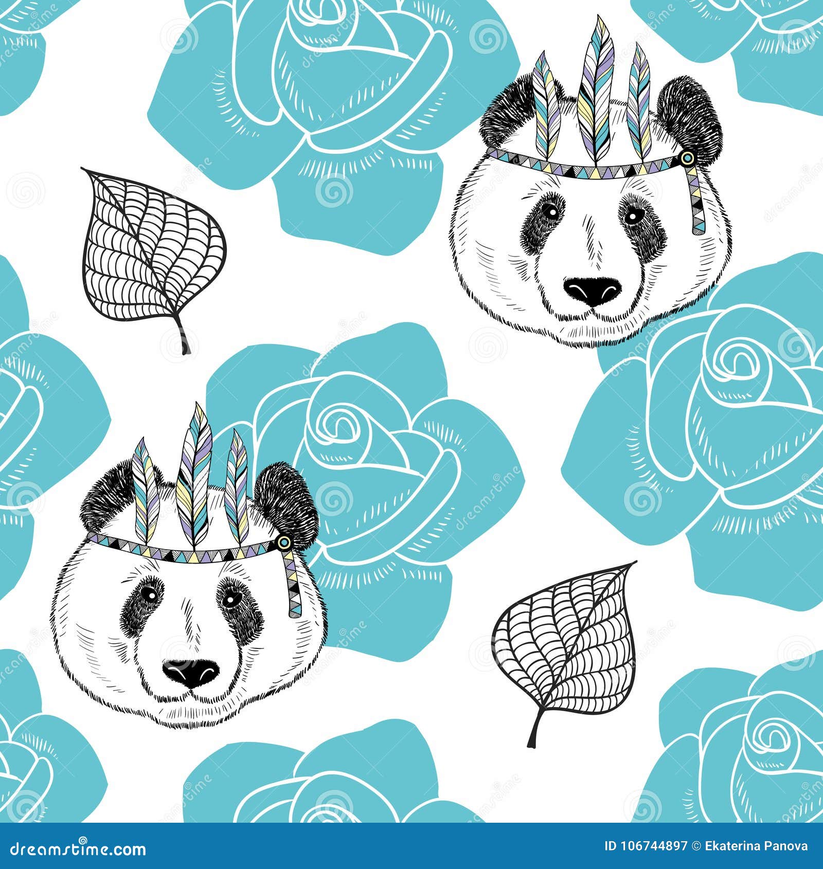 Seamless Pattern with Cute Panda As a Native American. Stock Vector