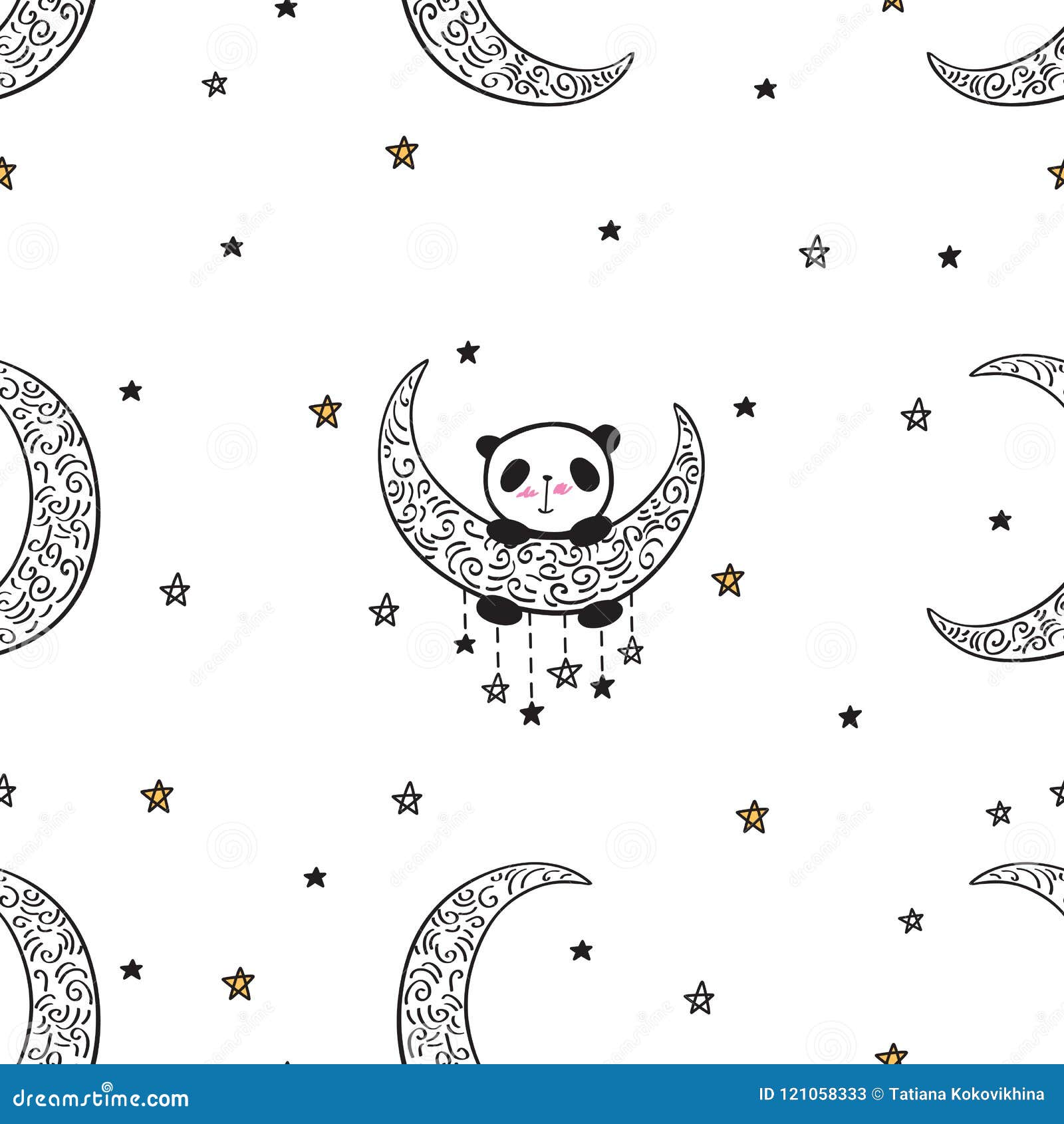 Seamless Pattern With Cute Panda On The Moon Stock Vector