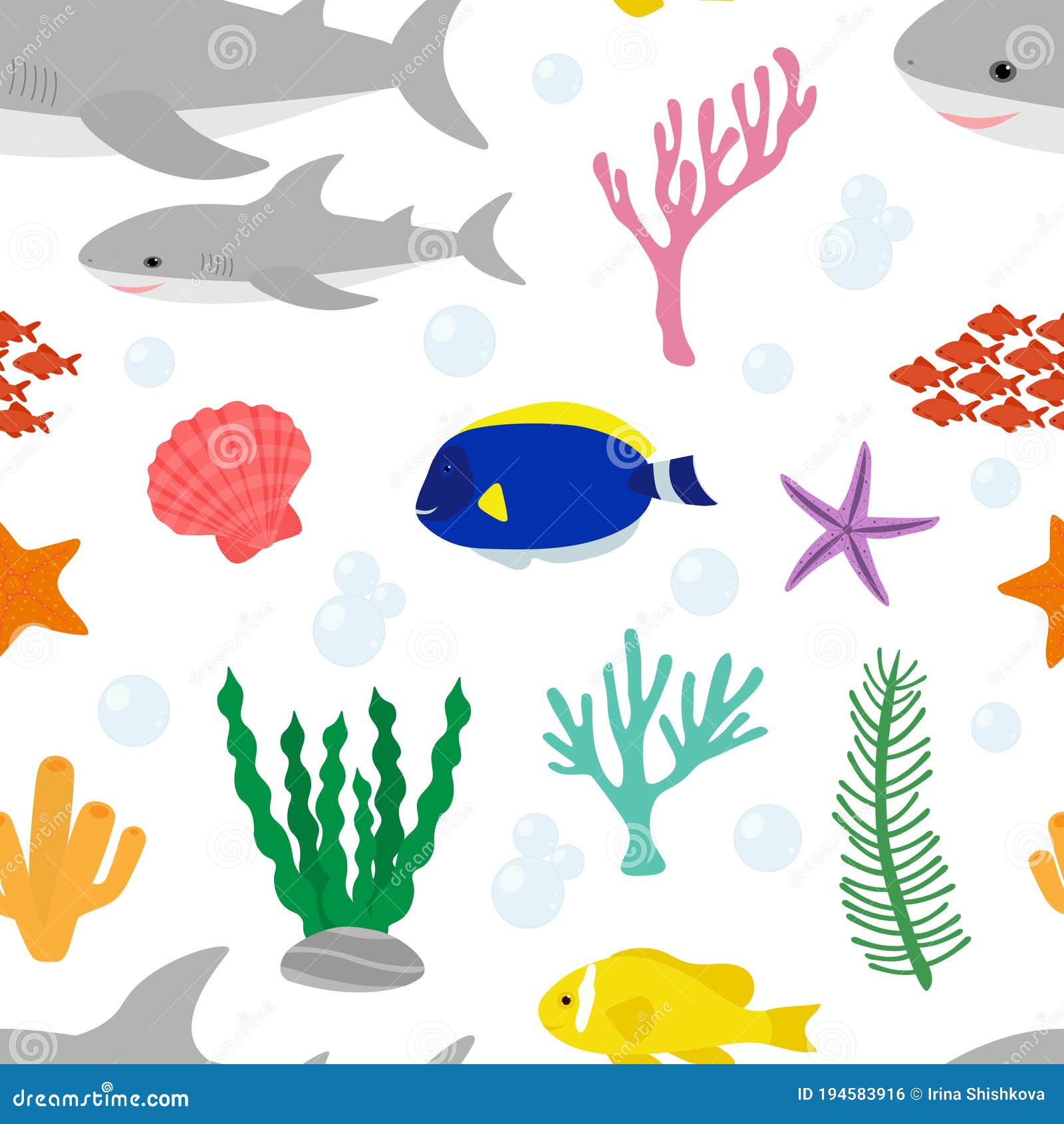 seamless pattern cute shark and sea s algae corals seashell fish starfish  