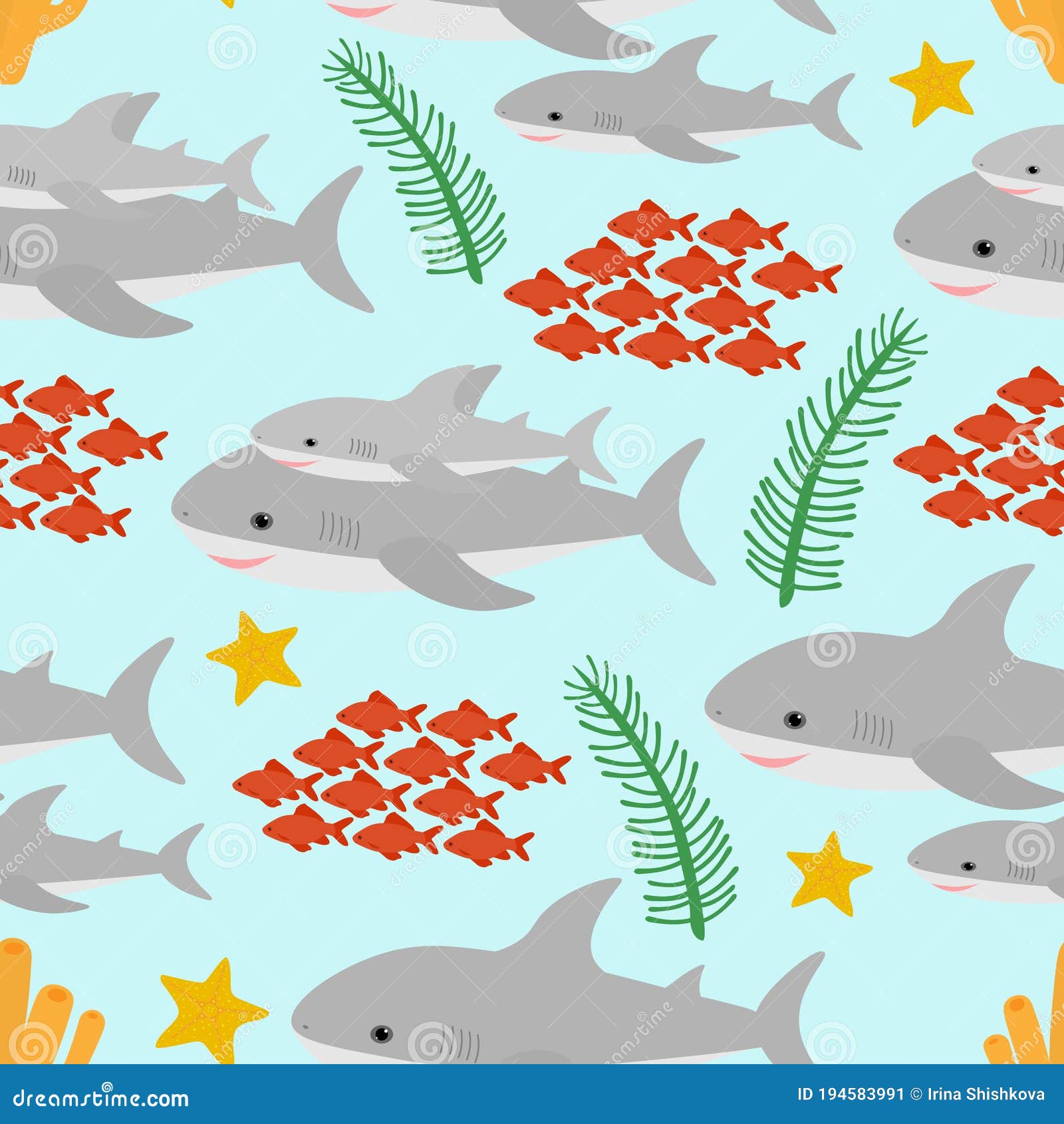 seamless pattern cute shark and sea s algae corals seashell fish starfish  