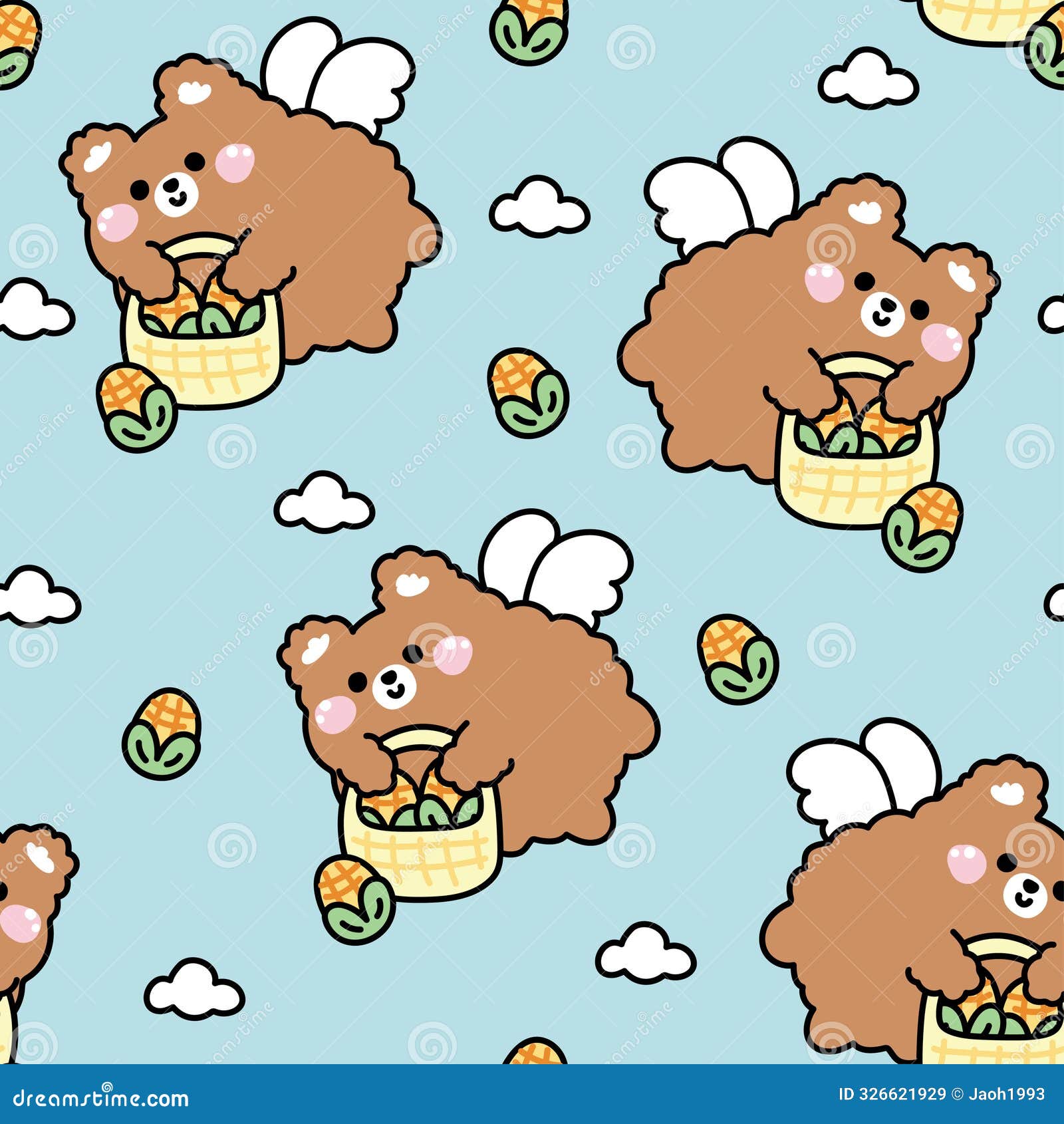 seamless pattern of cute teddy bear angels flying hold corn basket on the sky cloud background