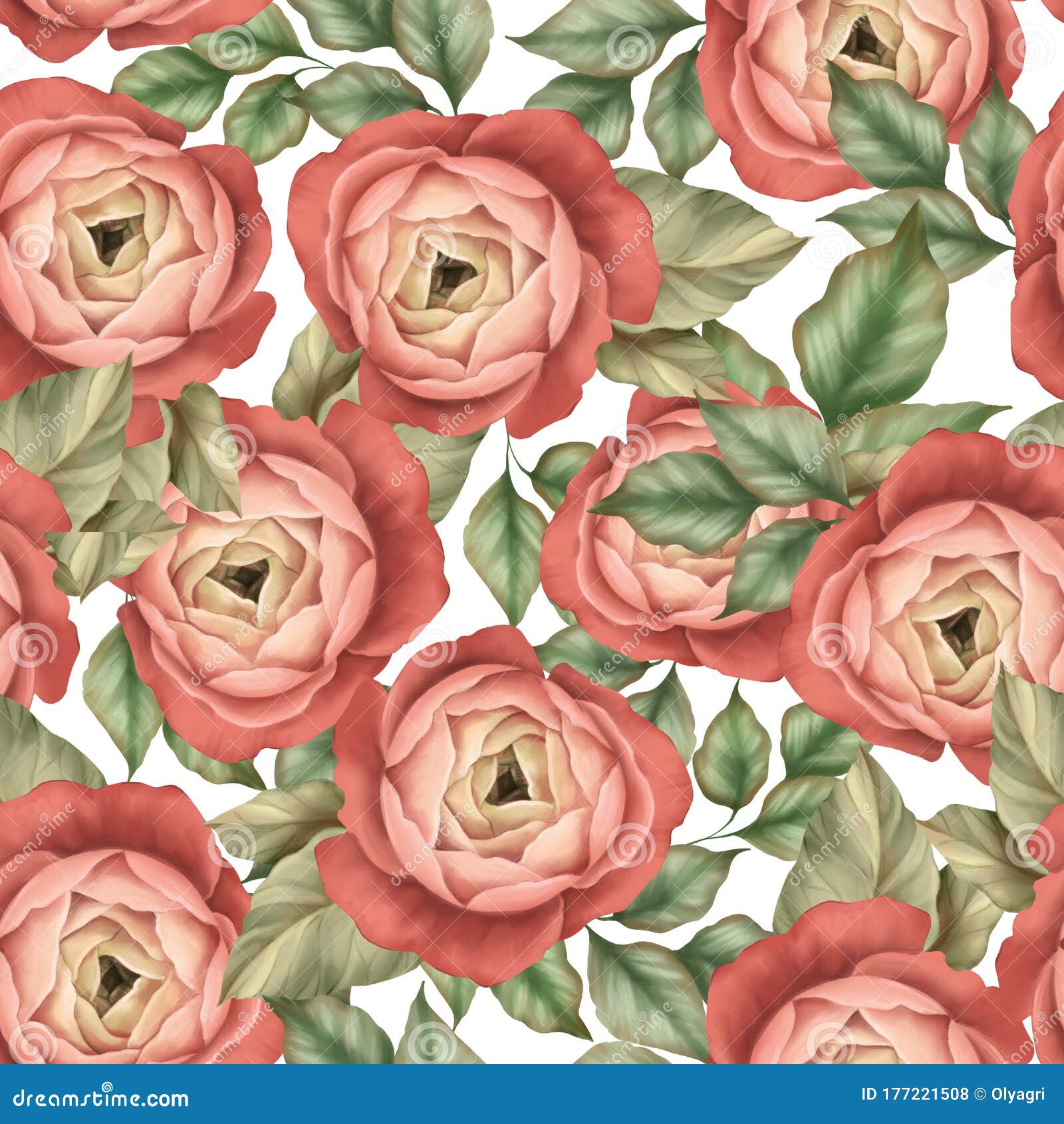 Seamless Pattern of Delicate Red Flowers and Leaves Stock Illustration
