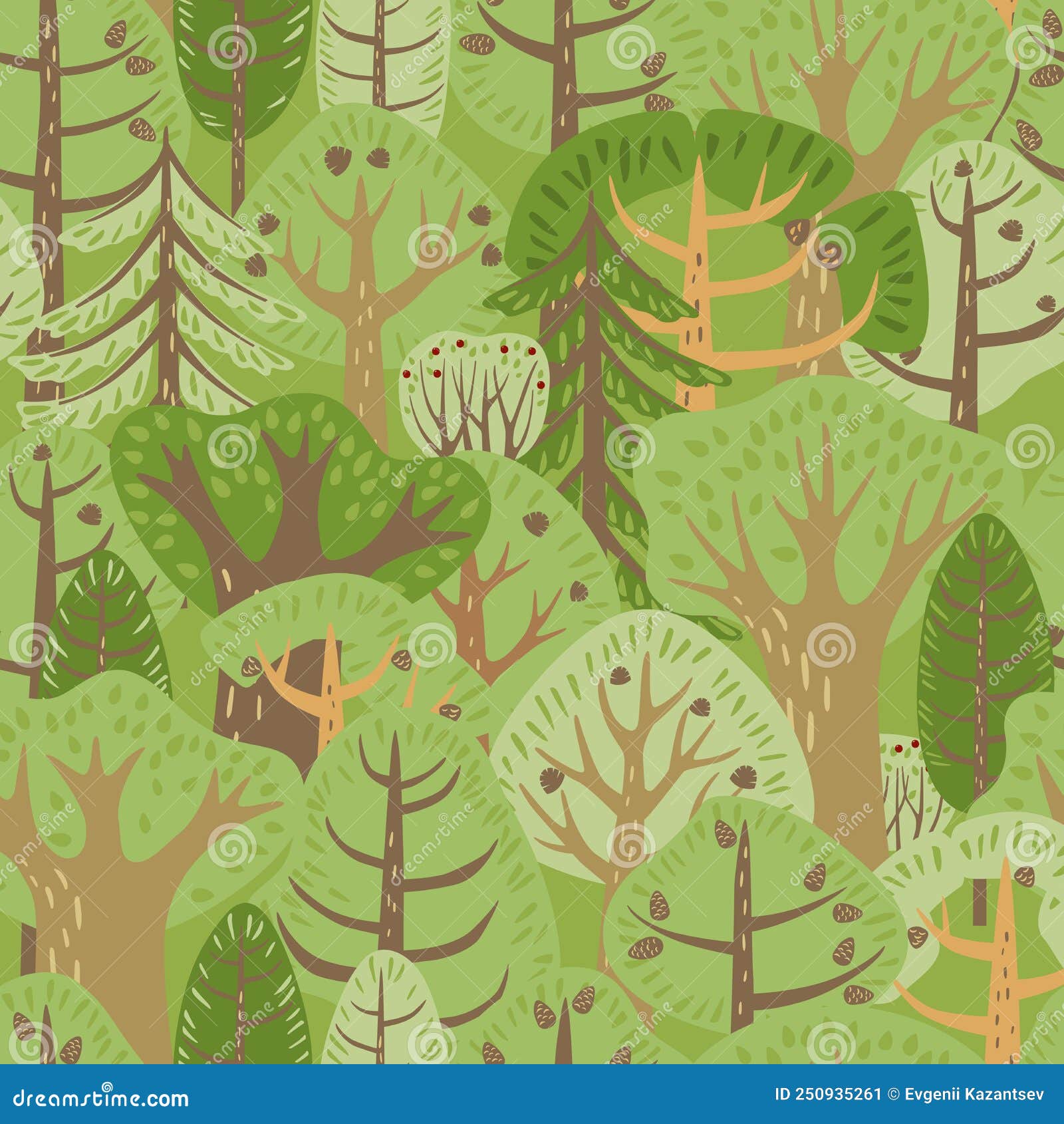Seamless Pattern of Dense Green Forest. Various Cool Trees Form a ...