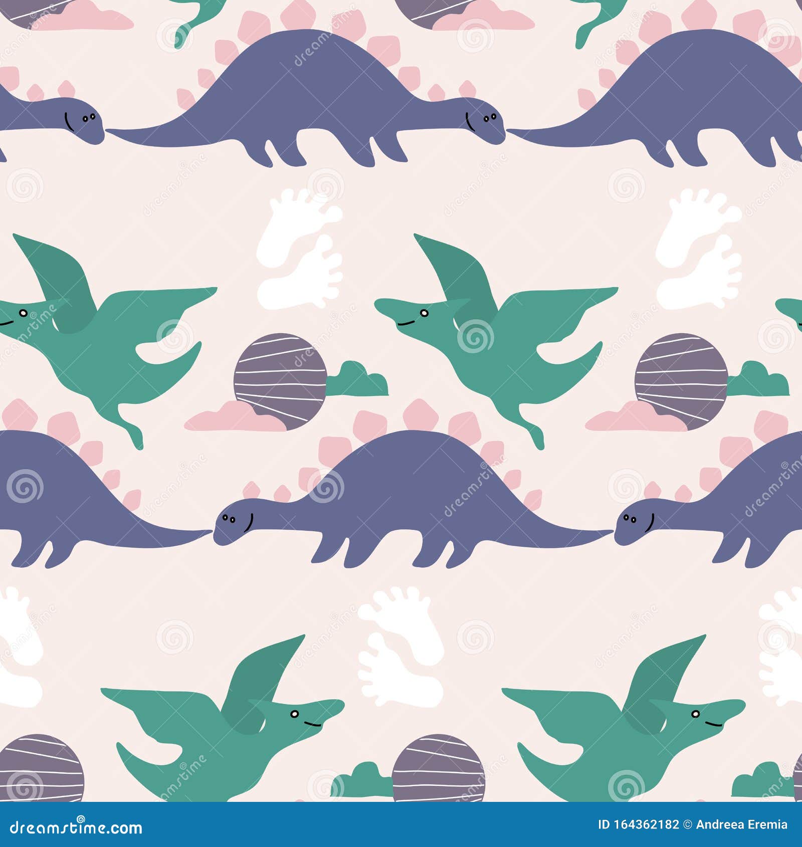 Seamless Pattern Design with Purple and Green Dinosaur Stock Vector