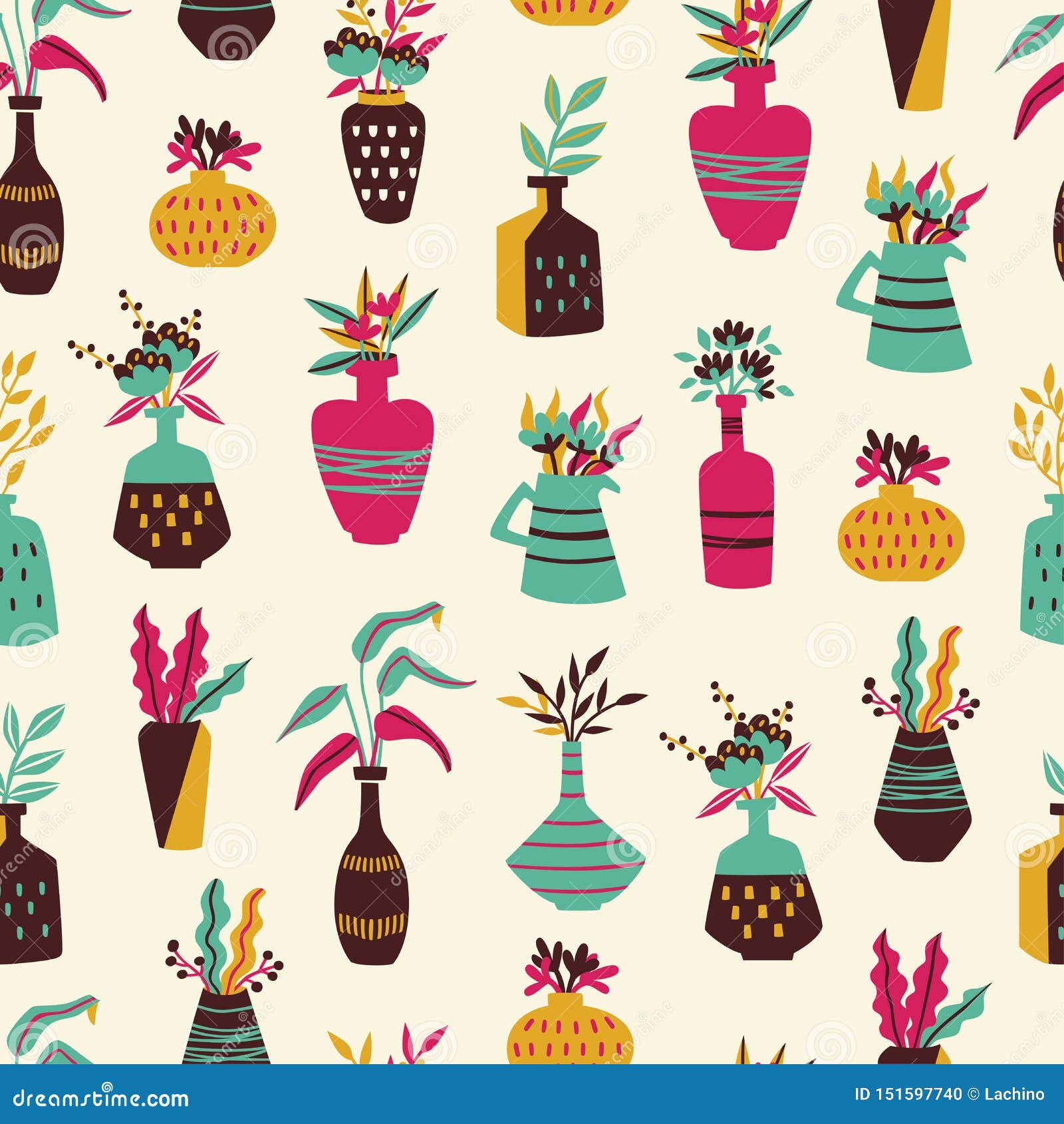 Seamless Pattern with Different Vases on White Background. Stock Vector