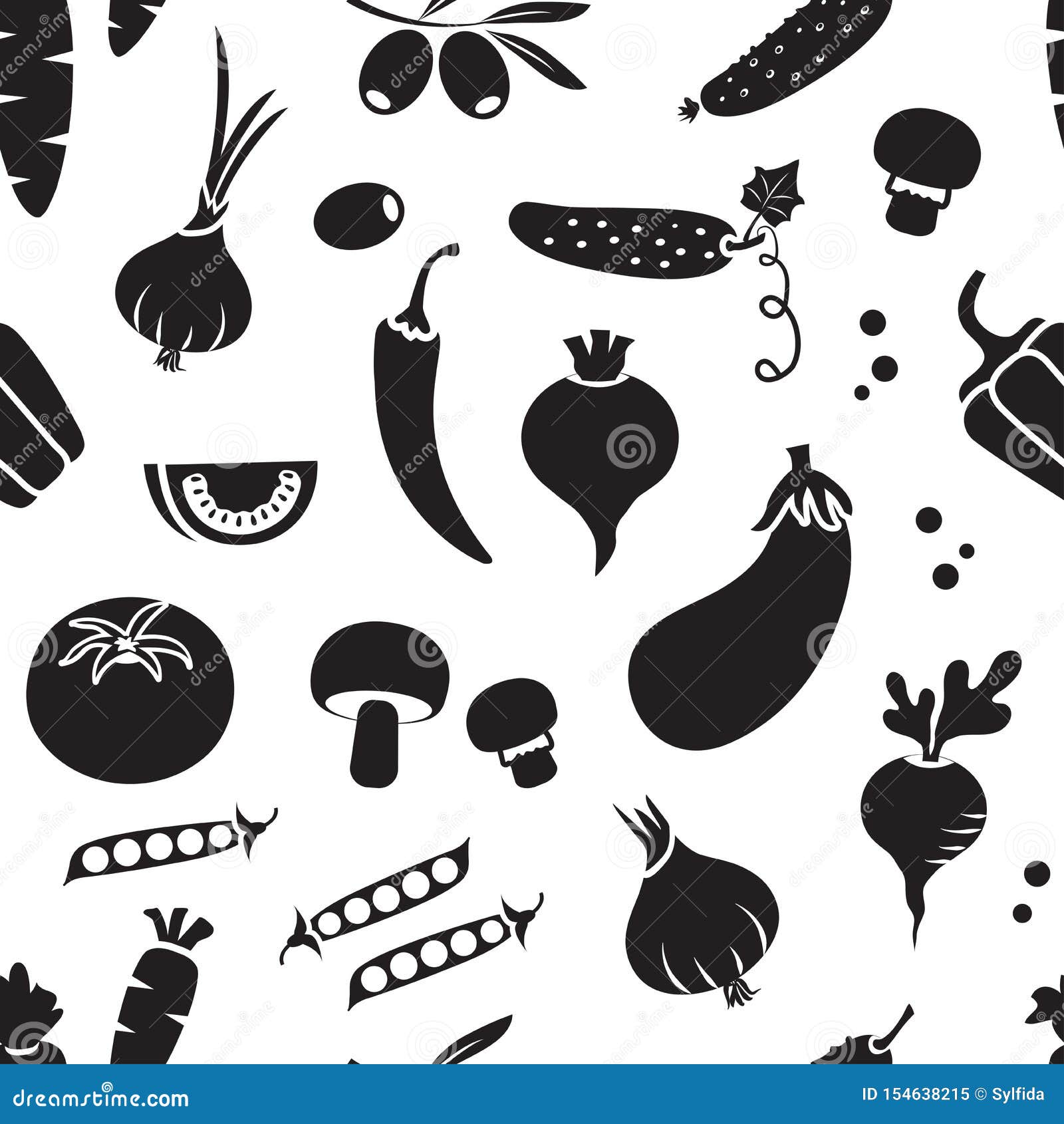 Seamless Pattern with Different Vegetables, Black and White Design ...