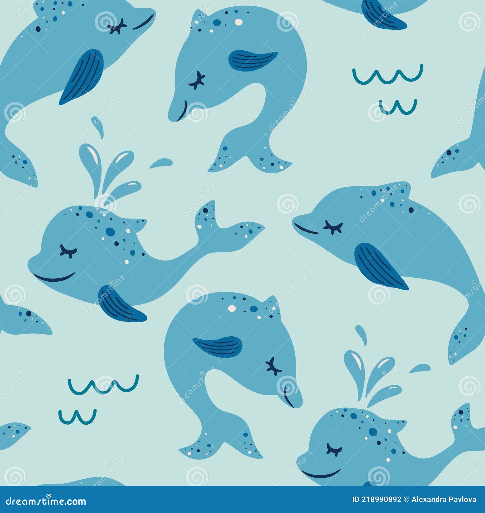Seamless Pattern with Dolphin. Marine Theme, Ocean. Suitable for Fabric,  Wallpaper, Clothing, Baby Print. Vector Cute Blue Stock Vector -  Illustration of pattern, vector: 218990892