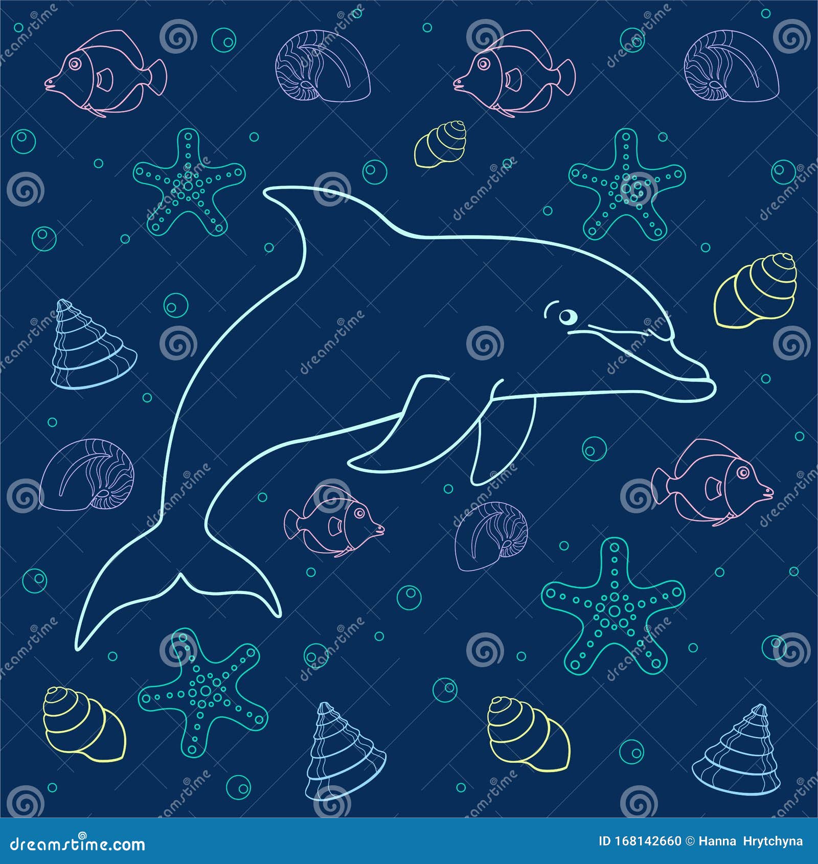 A Seamless Pattern of the Dolphin Surrounded by Bulbs, Shells, Starfish ...