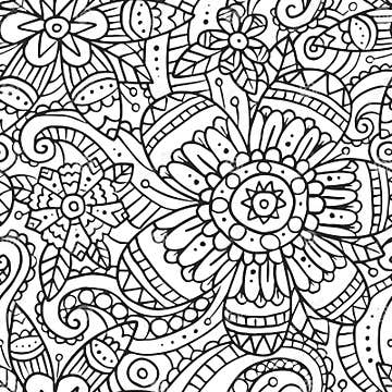 Seamless Pattern with Doodle Flowers in Black and White Stock Vector ...