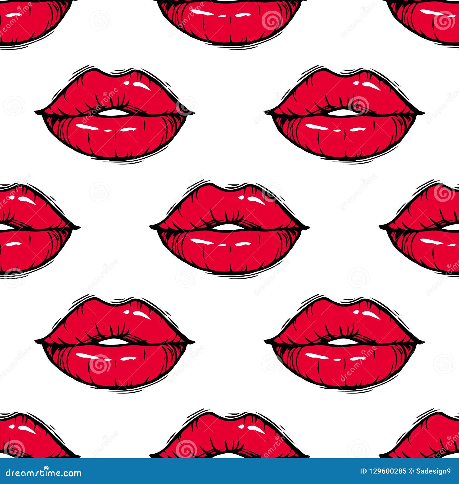 Seamless Pattern with Doodle Lips. Hand Drawn Female Red Lips Isolated