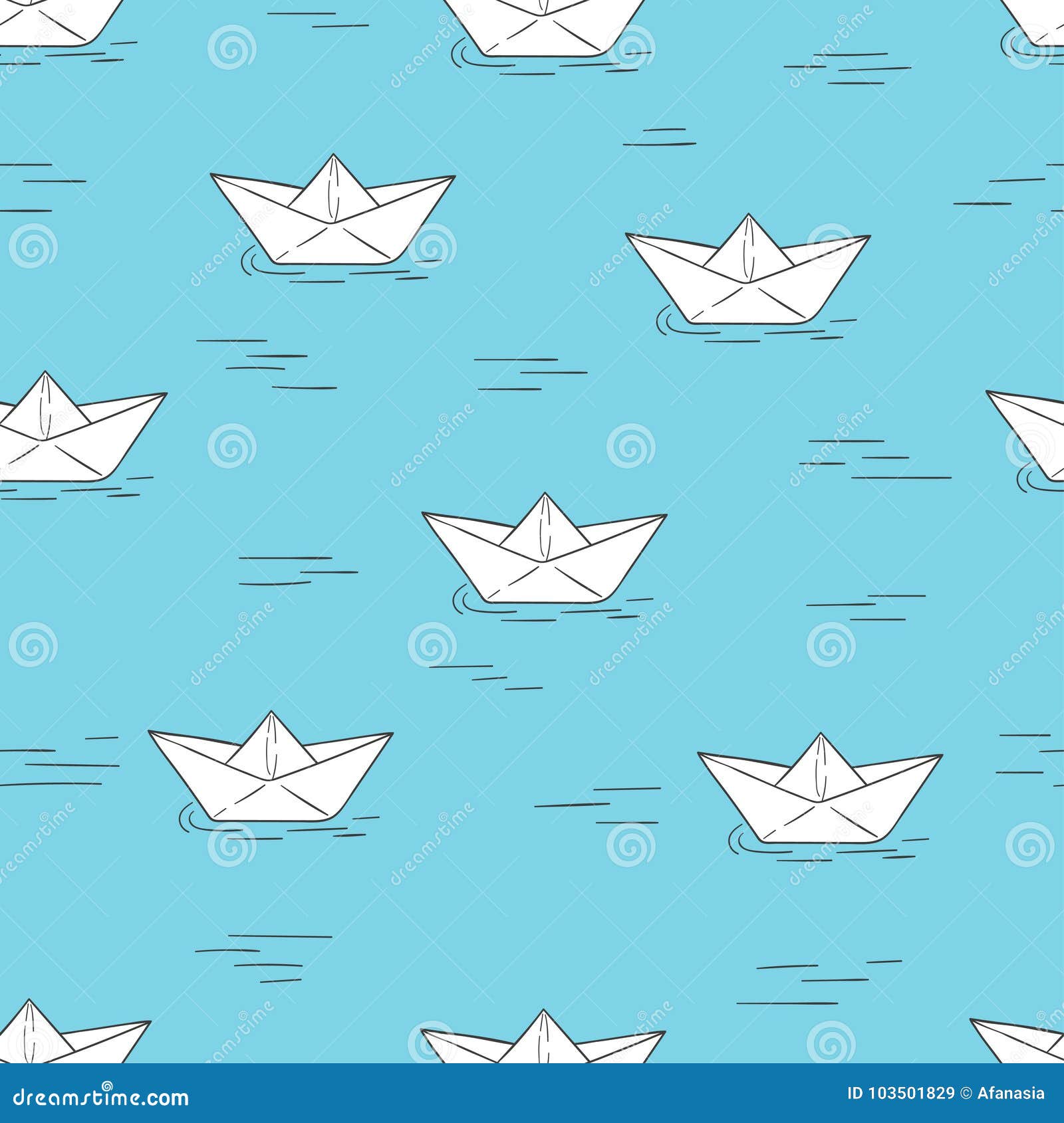 Seamless Pattern with Doodle Paper Boats on Blue Stock Vector