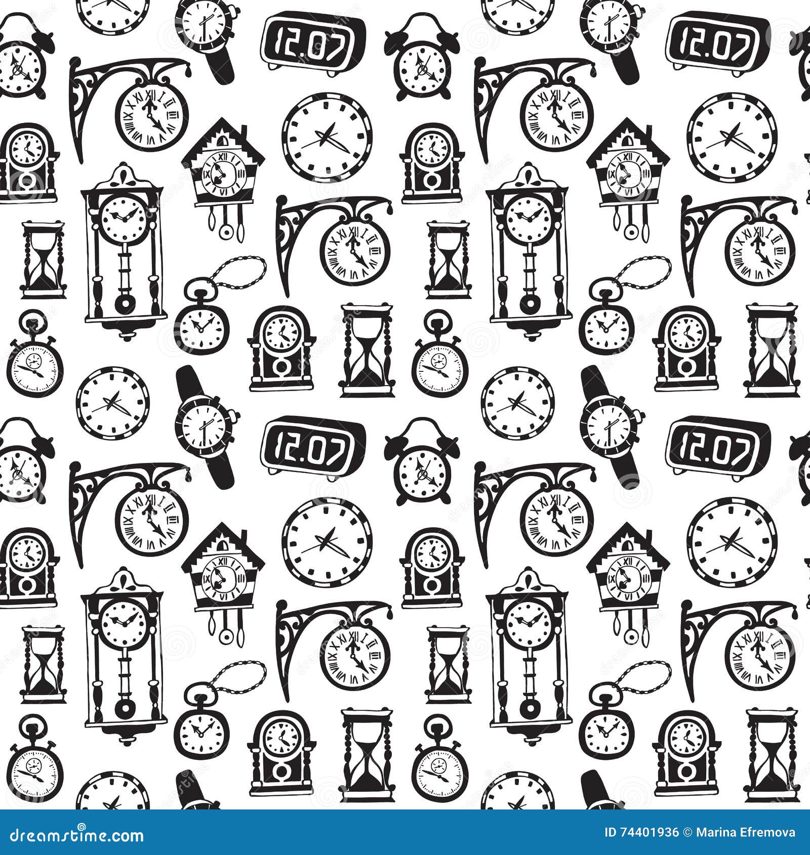 Seamless Pattern With Doodle Watches And Clocks Stock Vector