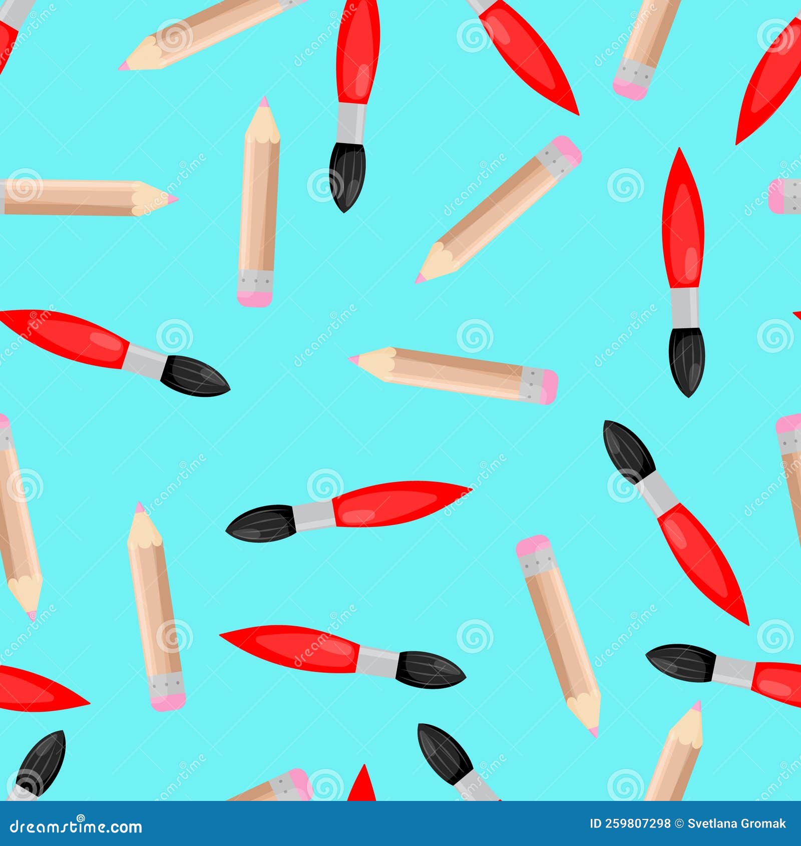 Seamless Pattern with a Drawing Brush and Pencil on a Blue Background