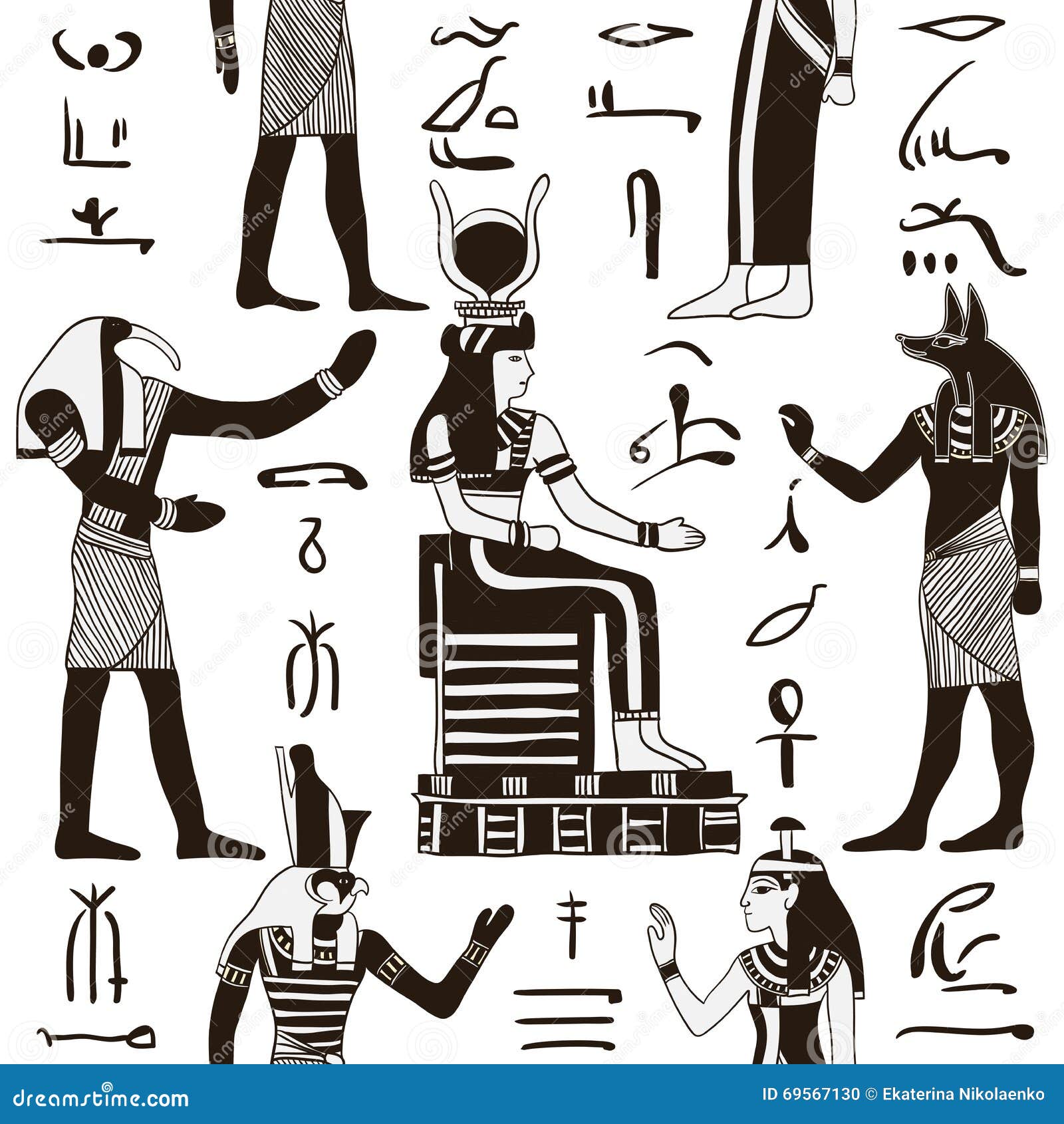 Seamless Pattern with Egyptian Gods and Ancient Egyptian Hieroglyphs