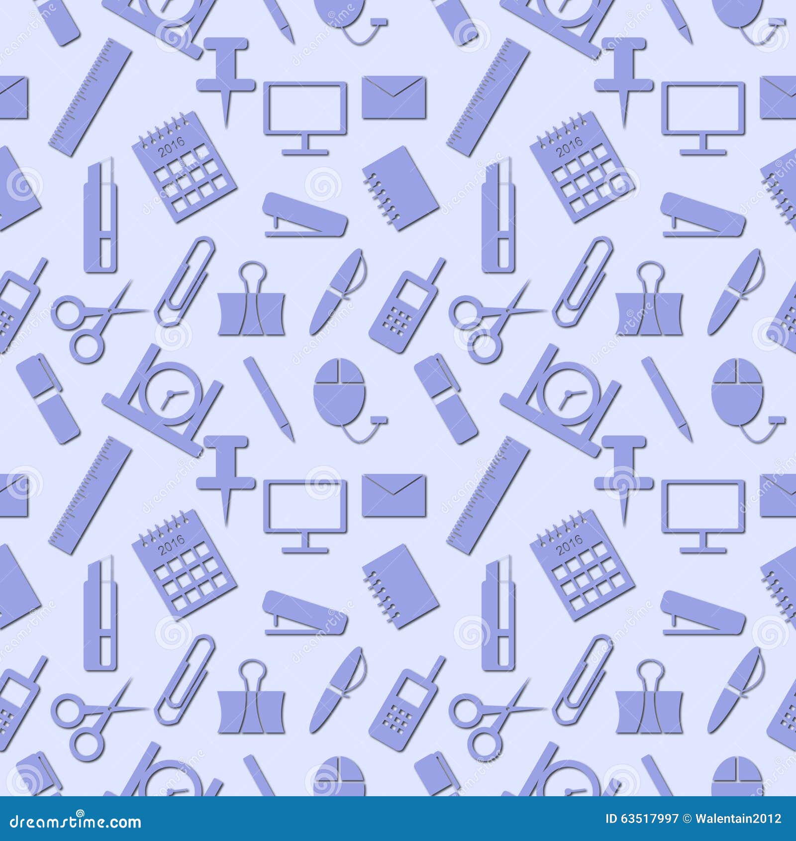 Seamless Pattern with Elements of Blue Office Supplies Over Light Blue