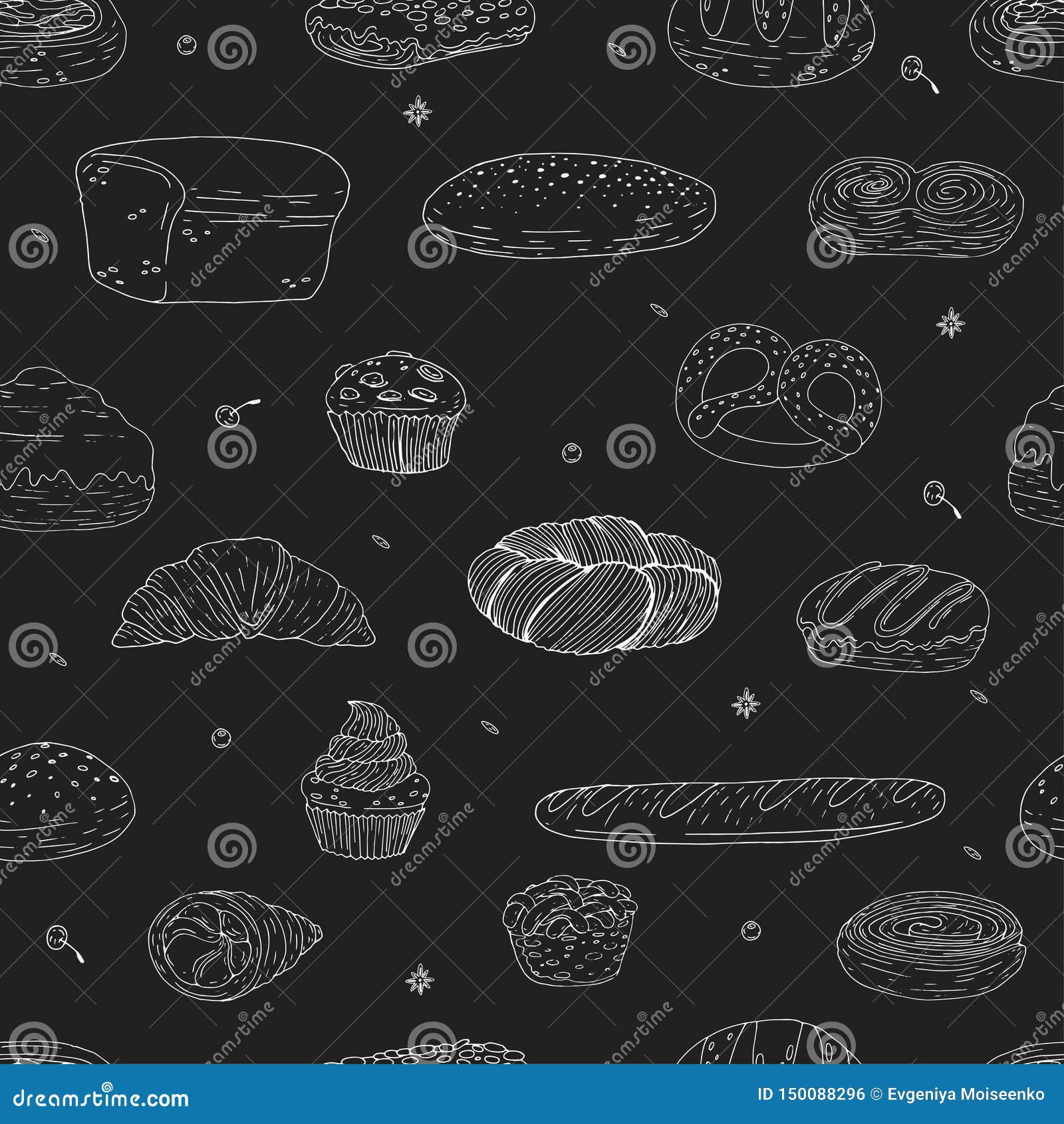 Seamless Pattern of Elements with Hand Drawn Bakery Products on a