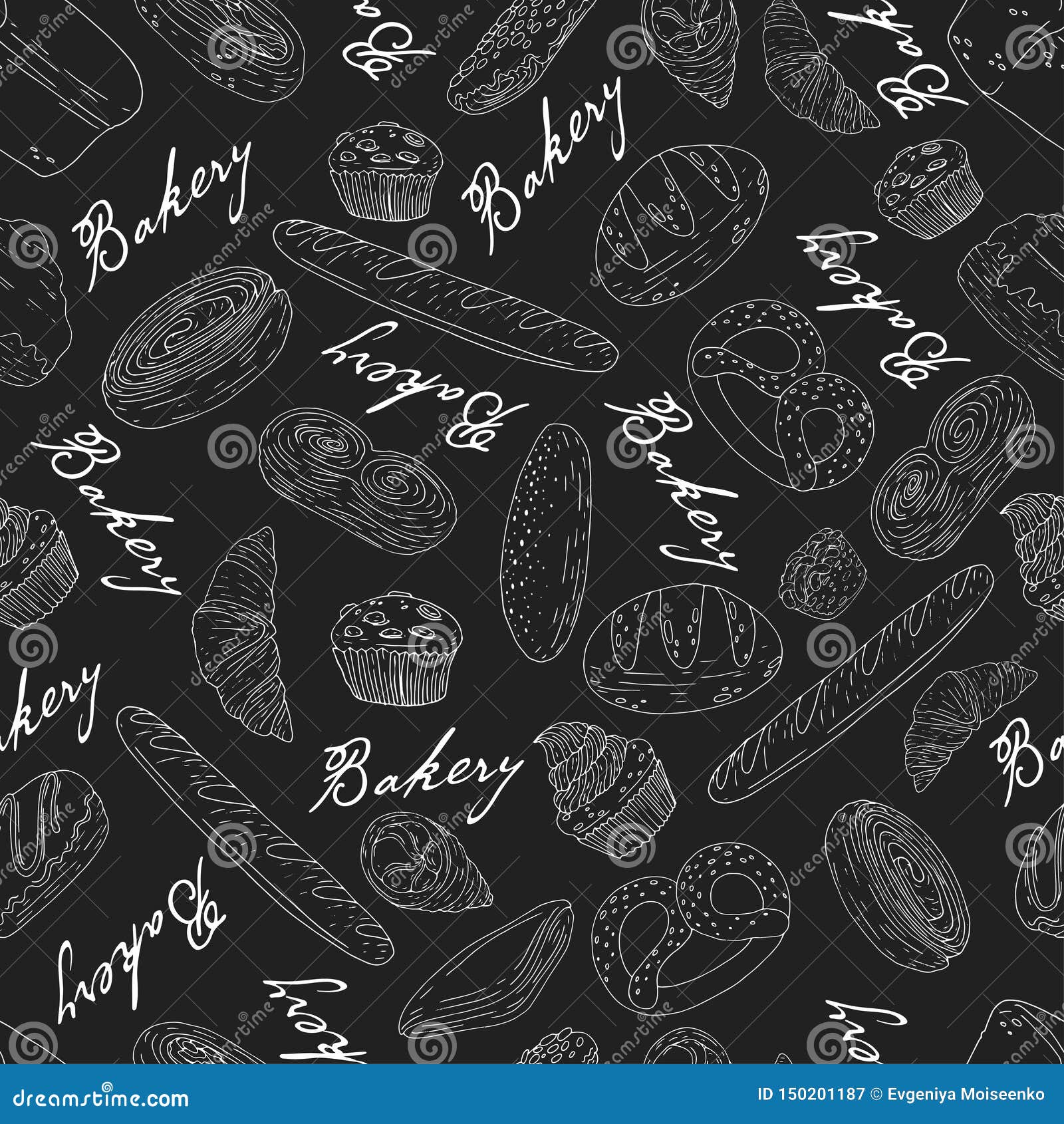 Seamless Pattern of Elements with Hand Drawn Bakery Products on a