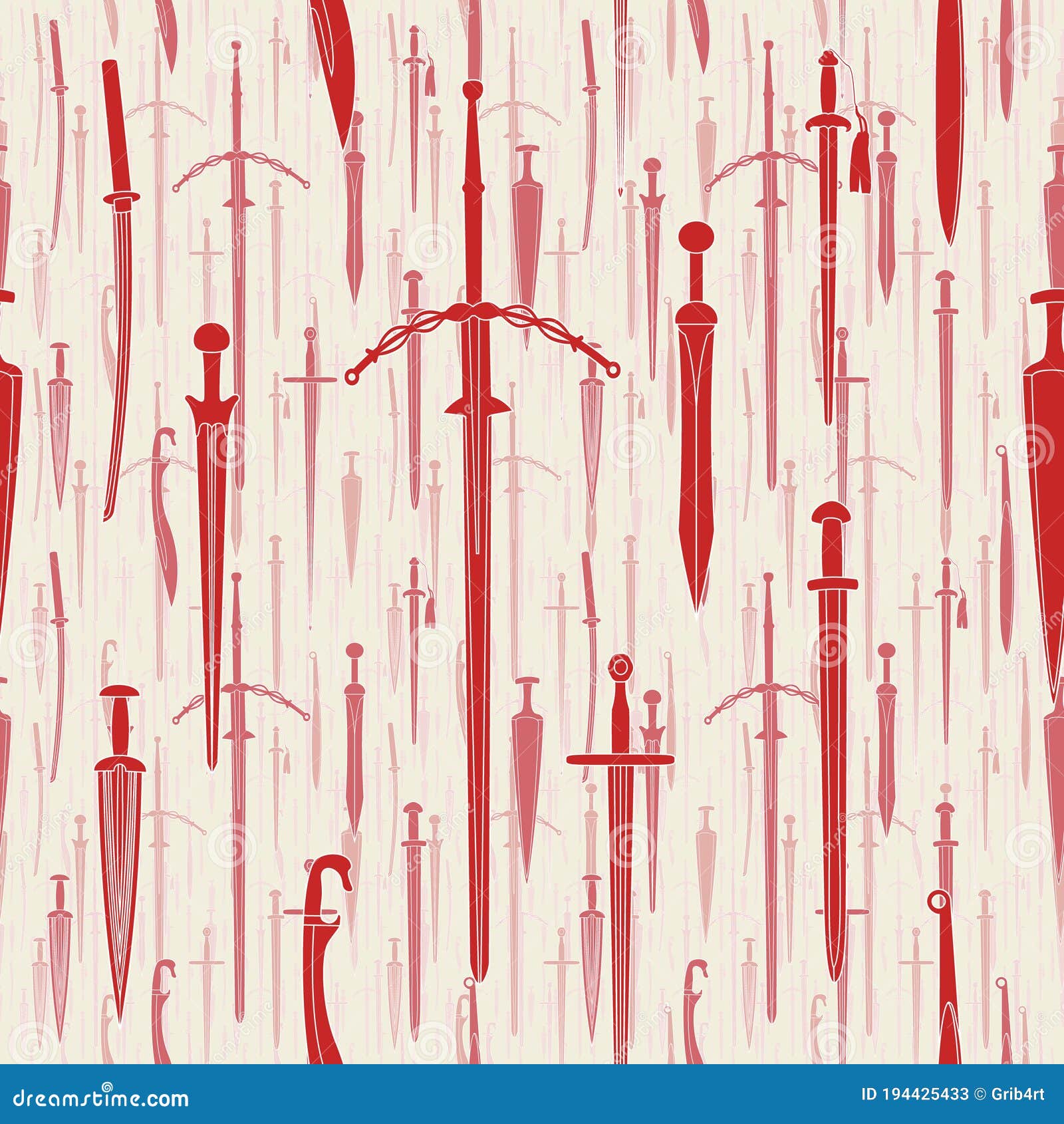 seamless pattern of evenly spaced, random sized, red on white swords whith brume effect.   background.