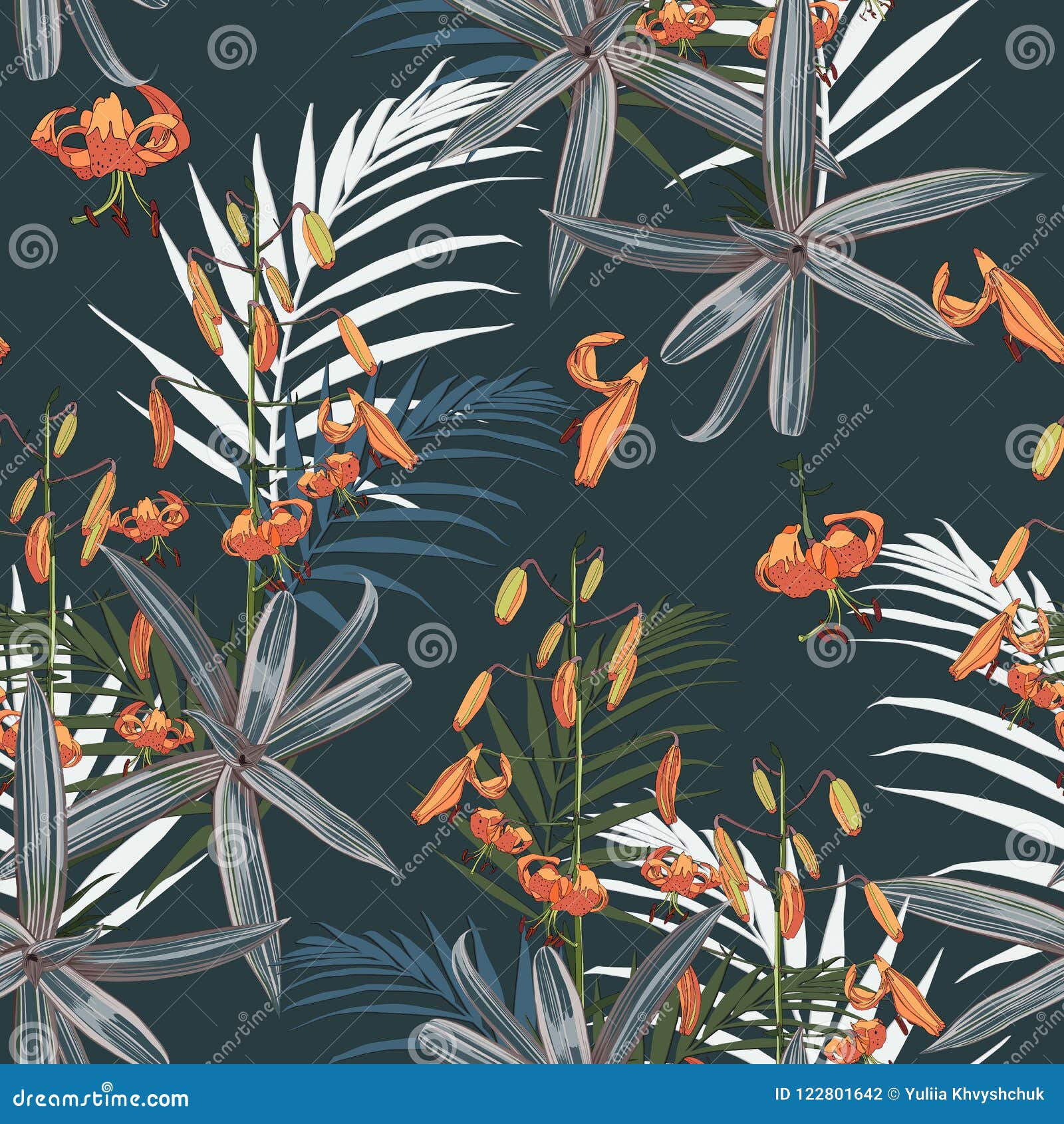 seamless pattern with exotic tropical palms and lilies flowers on the dark background.