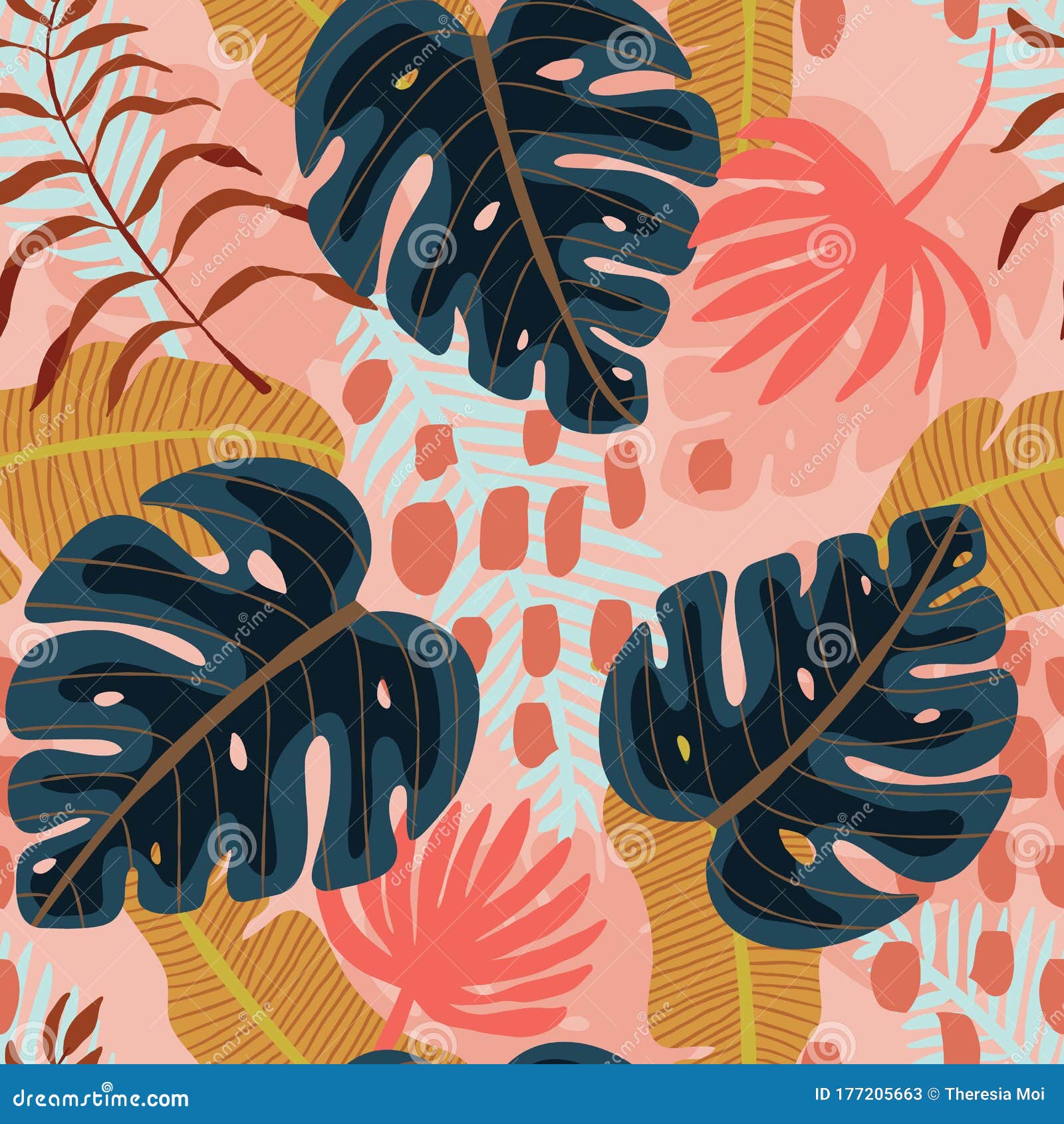 seamless pattern with exotics tropical leaves on pink coral backdrop