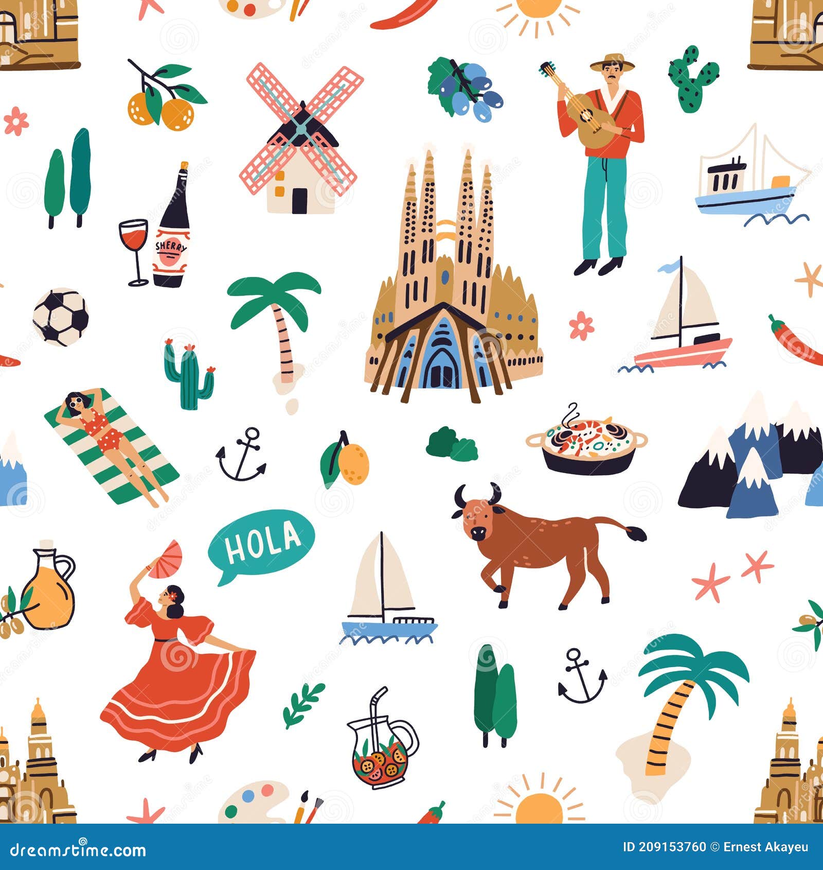 Seamless Pattern with Famous Symbols of Spanish Culture. Endless ...