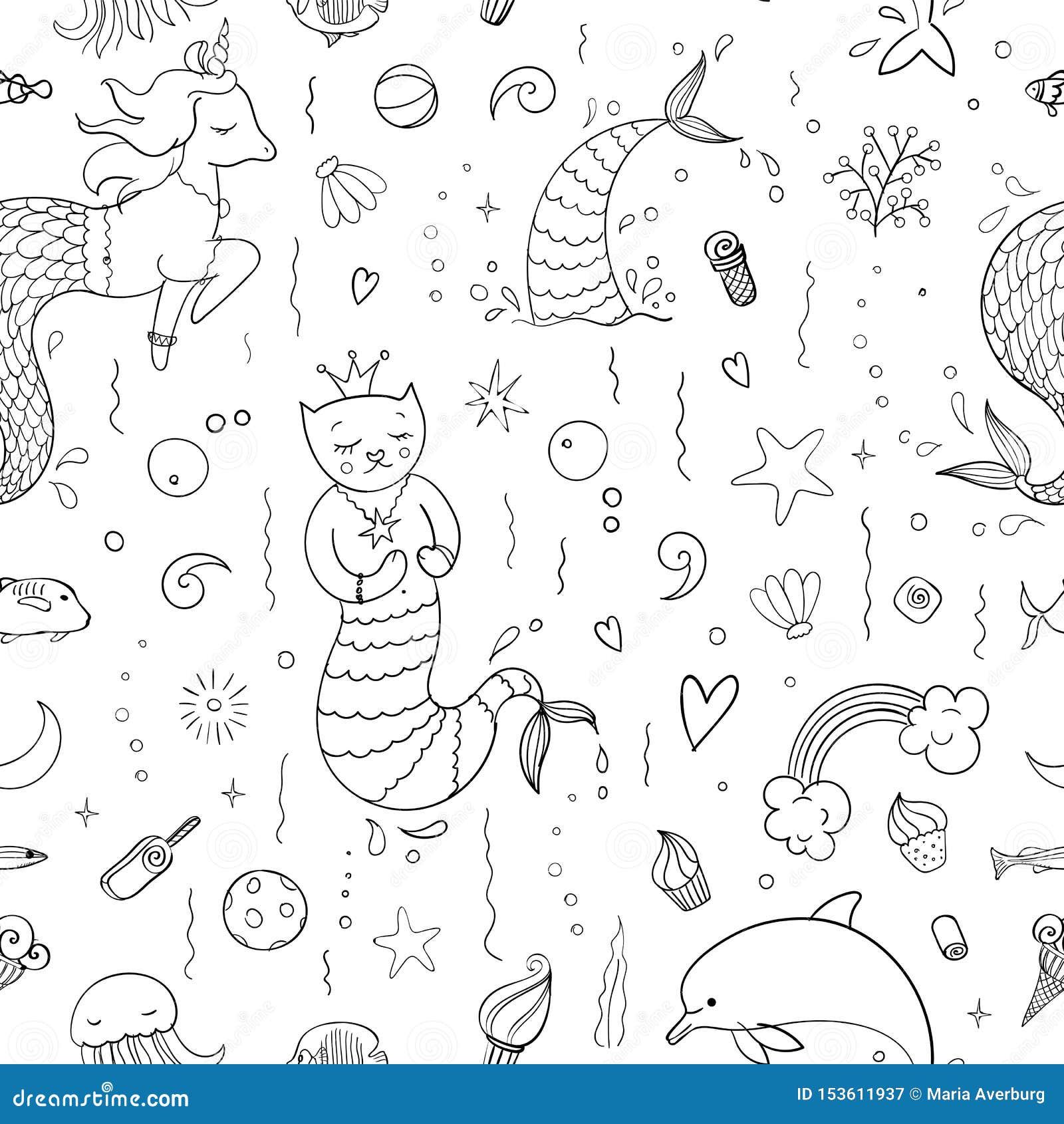 Seamless Pattern with Fantasy Doodles of Mermaid Theme. Decorative  Background for Kids Girl Textile with Tails, Cat Stock Vector -  Illustration of pattern, ocean: 153611937