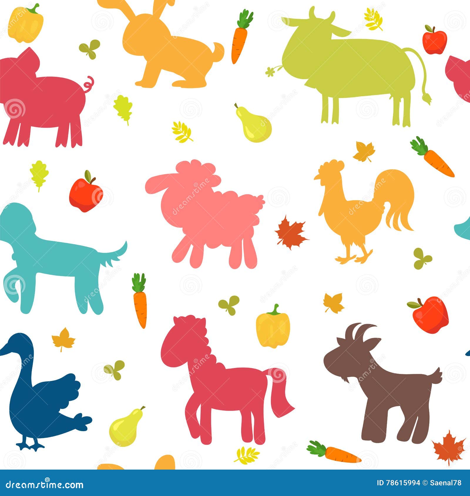 Seamless Pattern with Farm Animals, Vegetables, Leaves and Fruit Stock  Vector - Illustration of decorative, element: 78615994