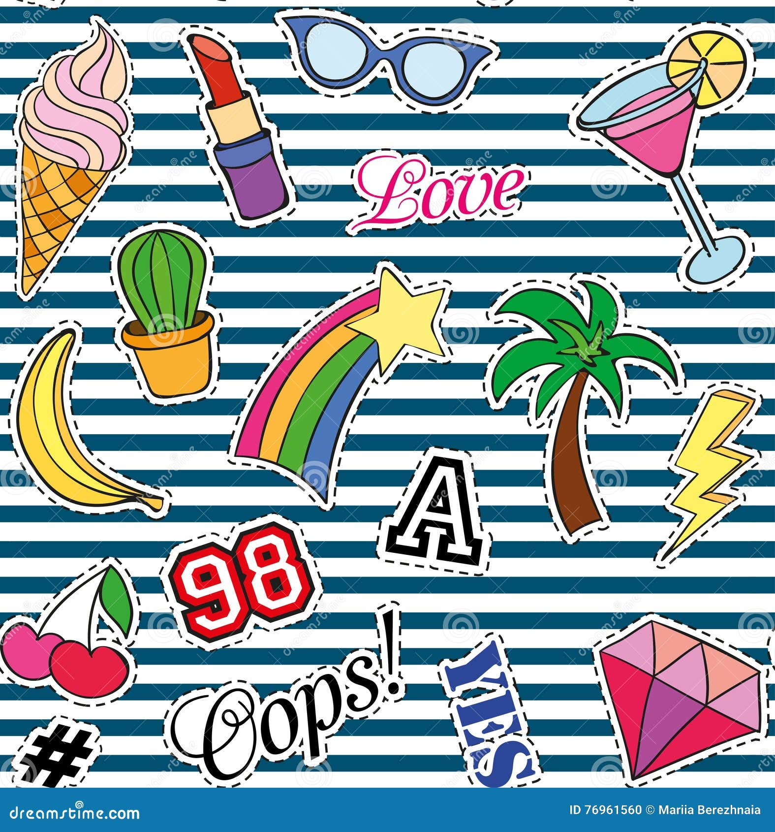 seamless pattern with fashion patches. stickers, pins and handwritten notes collection in cartoon 80s-90s comic style