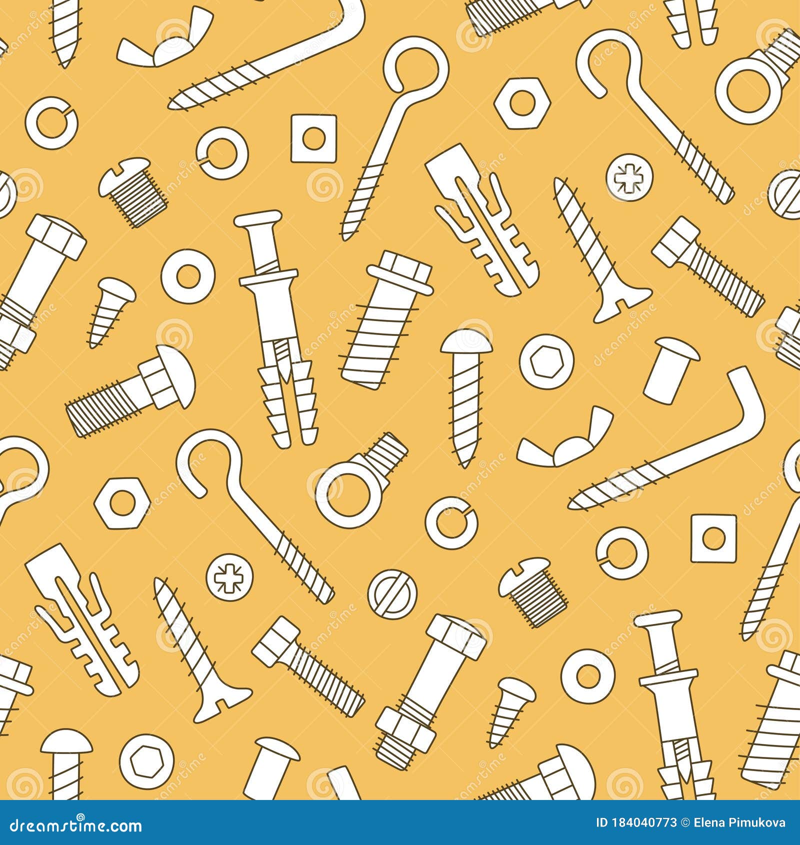 Seamless Pattern of Fasteners. Bolts, Screws, Nuts, Dowels and Rivets