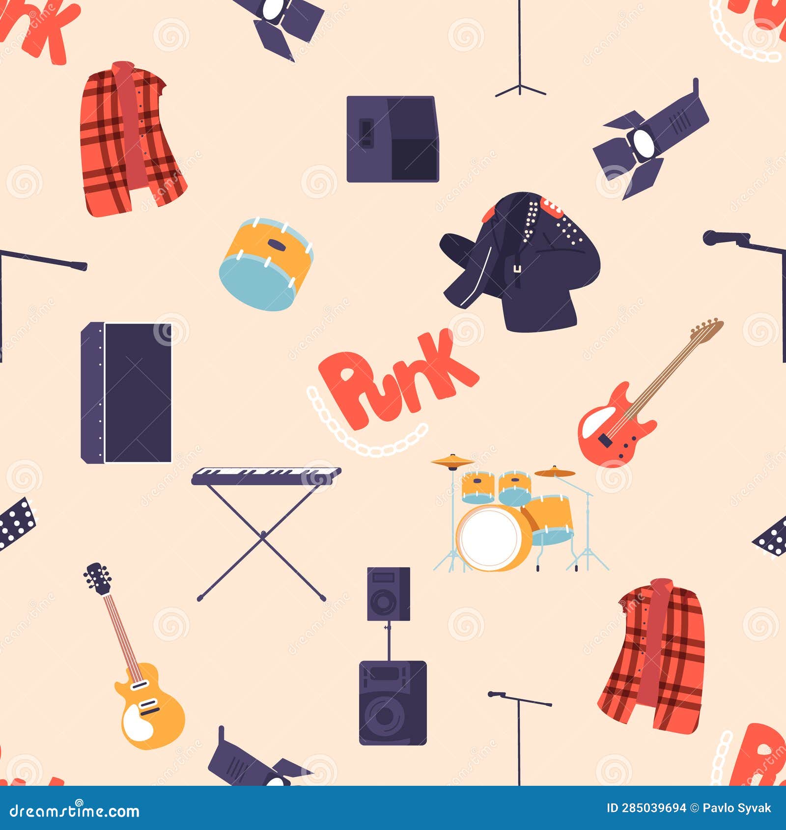 seamless pattern featuring a collection of rock music instruments and items, creating a vibrant and energetic 