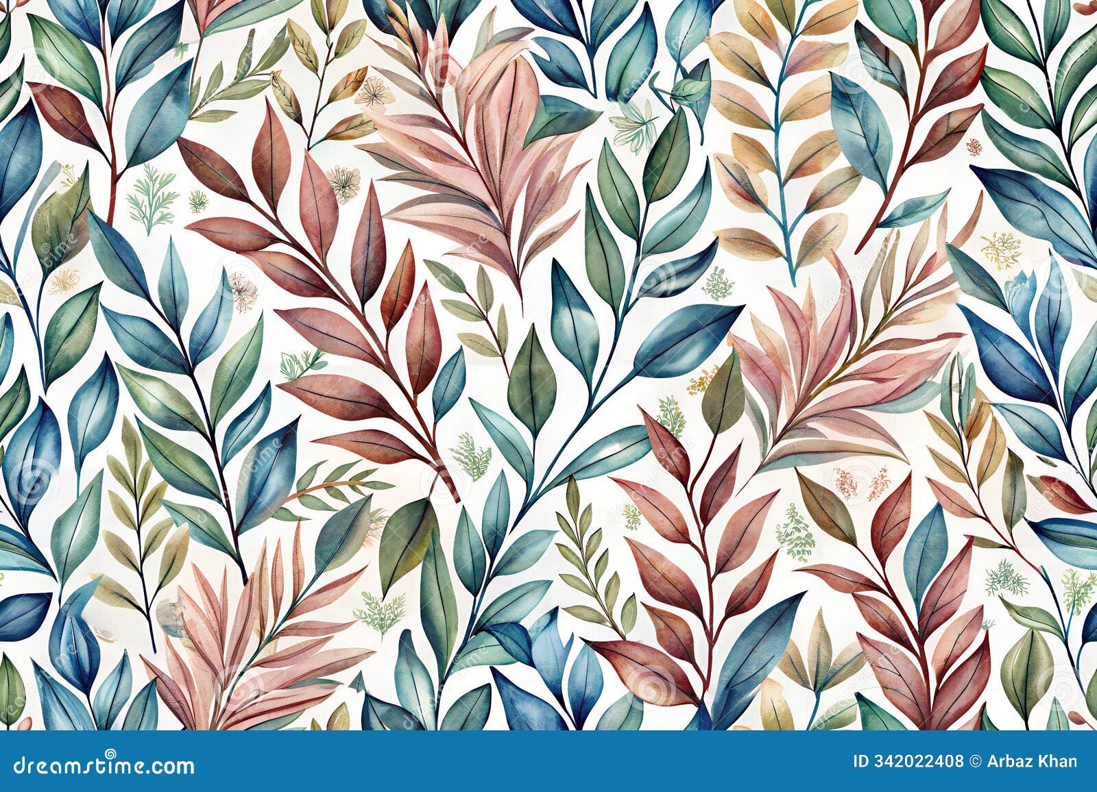 seamless pattern of hand-drawn leaves in pastel colors.