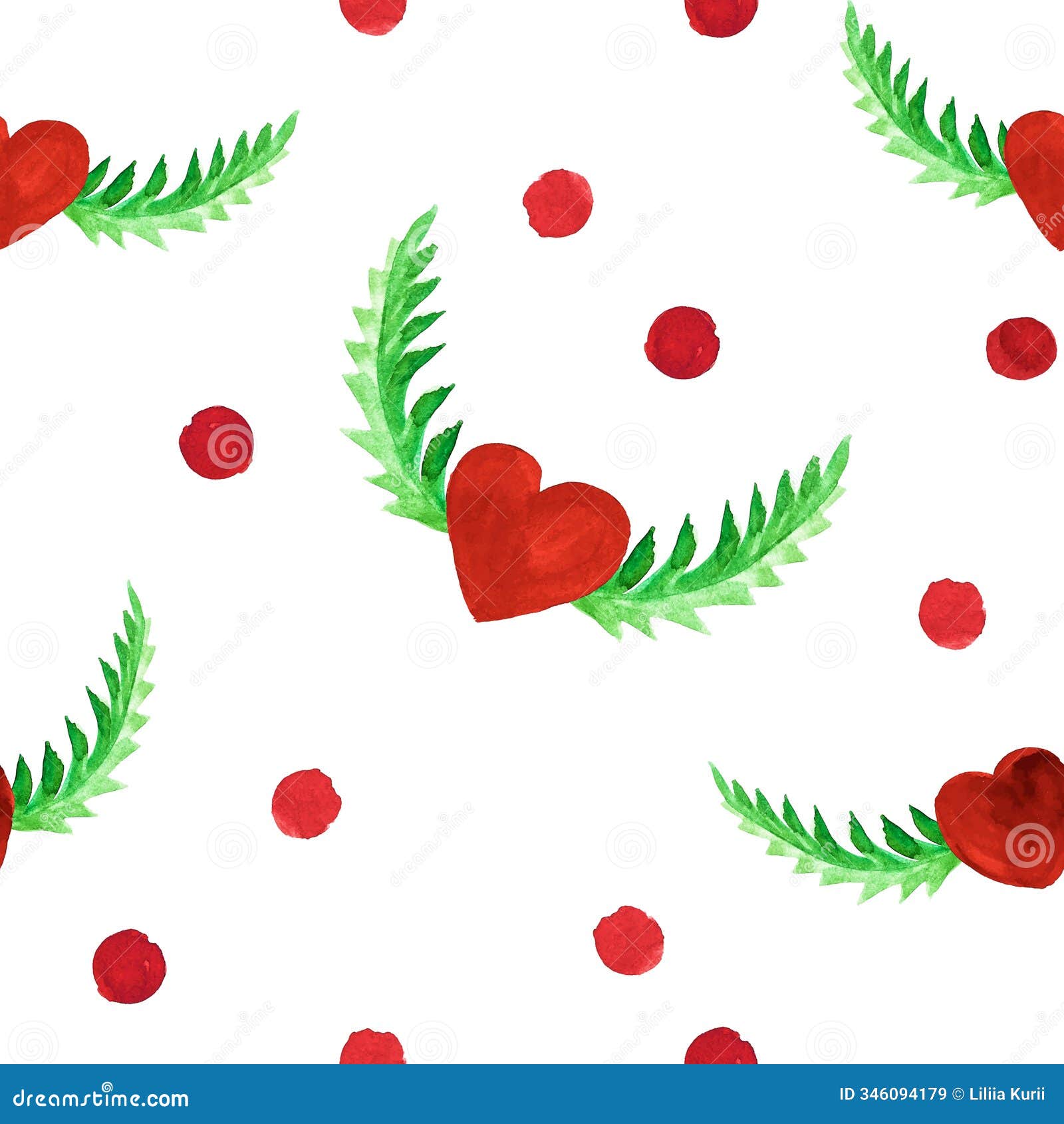 seamless pattern of red heart-d wings with leaf-like accents on white background with red dots