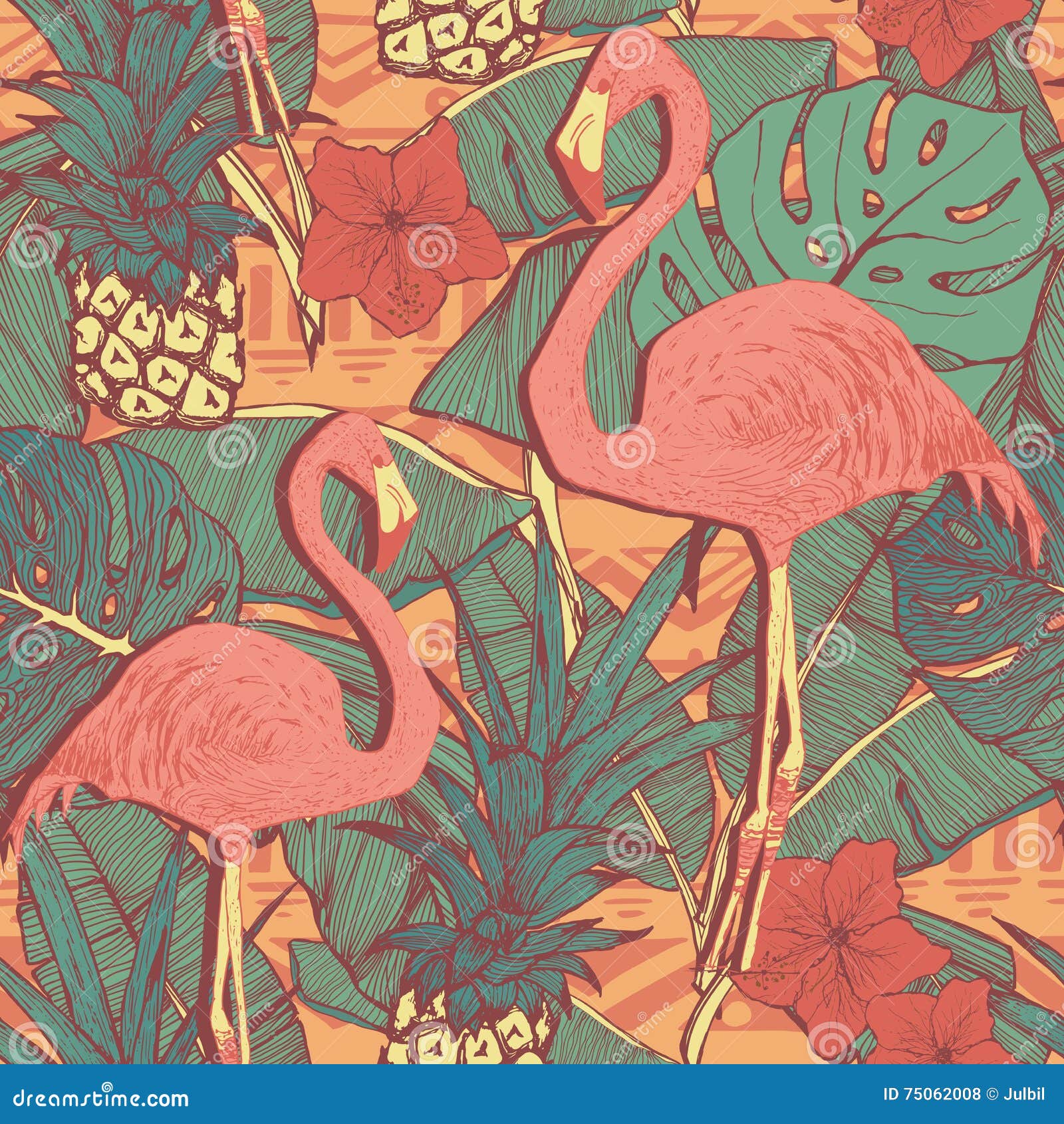 seamless pattern with flamingo birds and pineapples