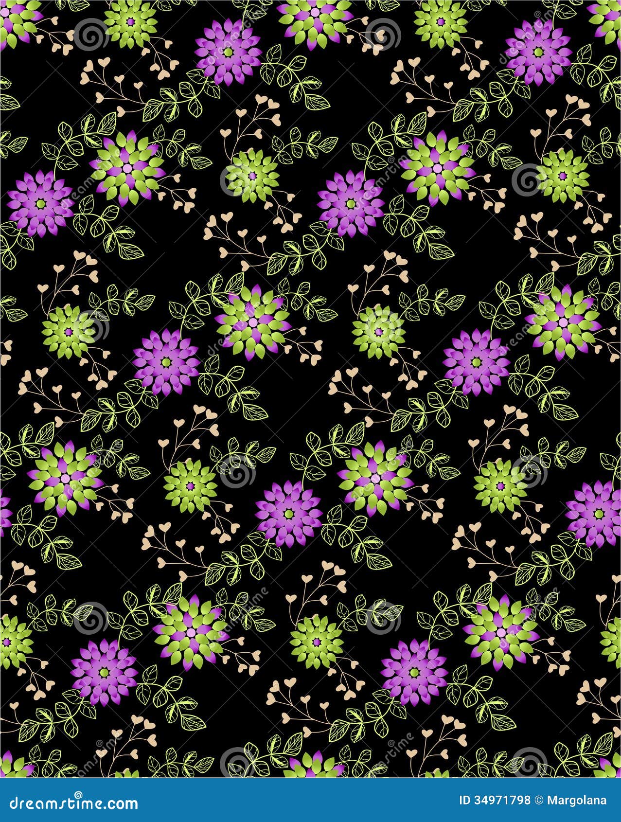 Seamless Pattern Floral on Black Background Stock Vector Illustration