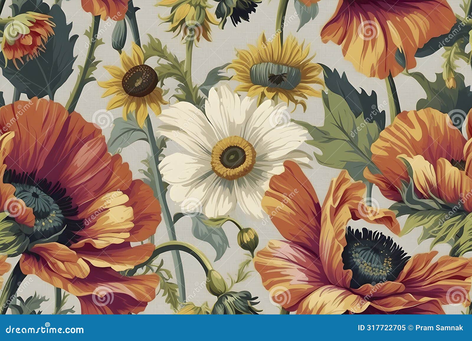 a seamless pattern of floral chintz pattern reminiscent of the 1940s.