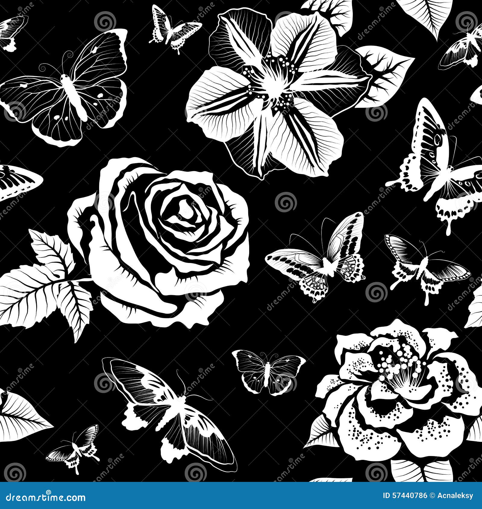 Seamless Pattern with Flowers and Butterflies (black and White) Stock