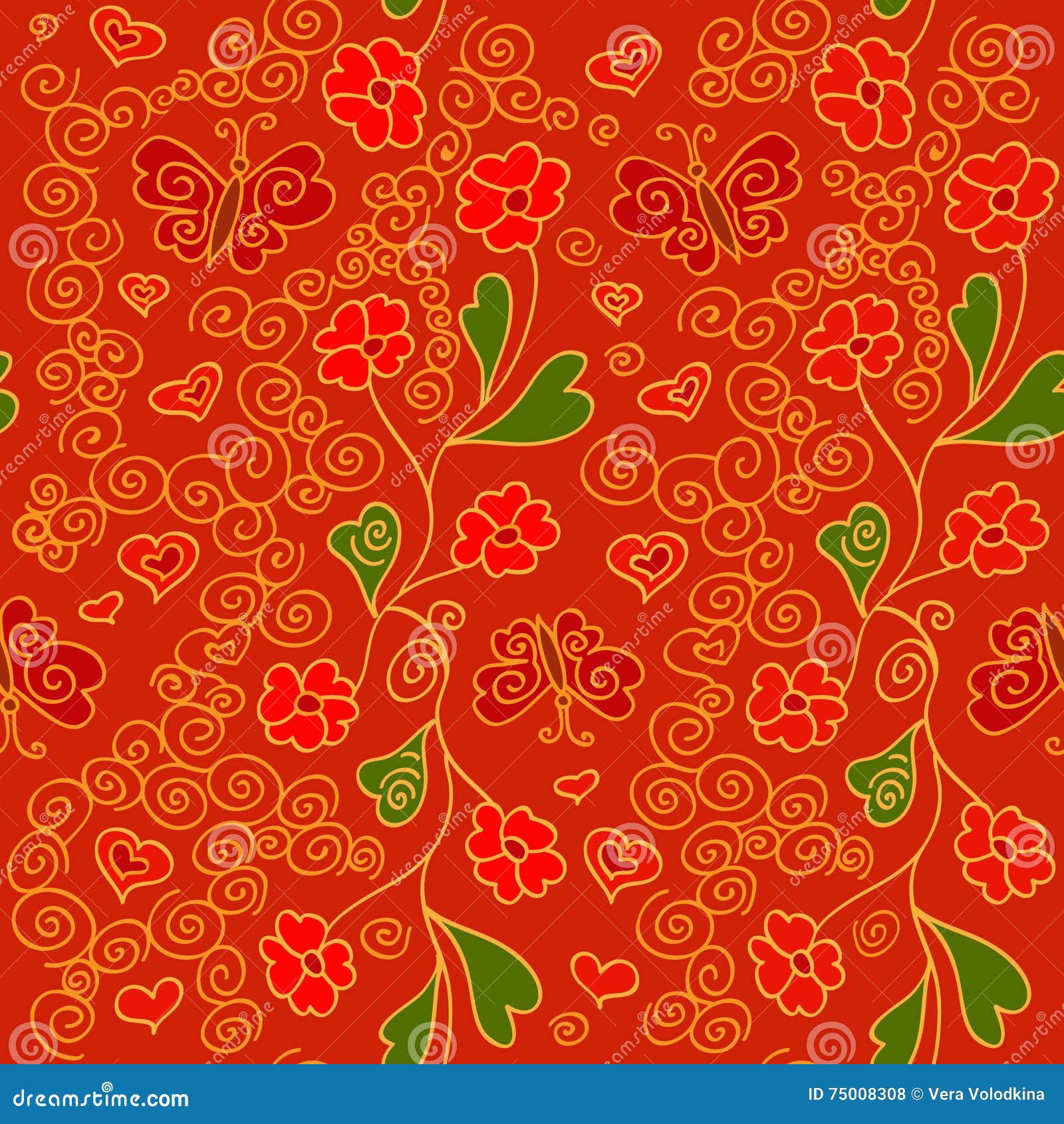 seamless pattern with flowers, butterflies and hearts. vitrage style.