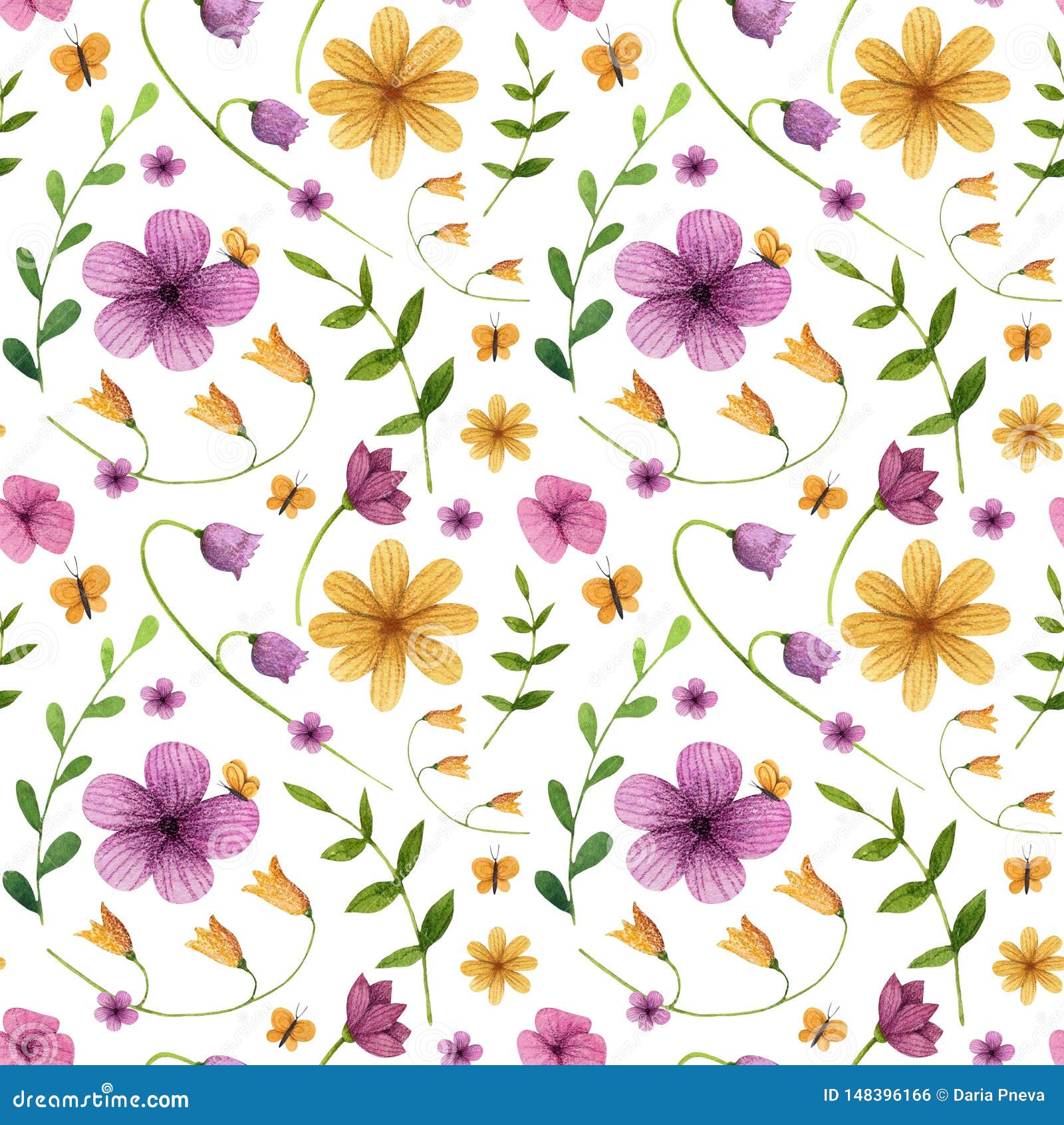 Seamless Pattern. Flowers with Leaves, Butterfly Stock Illustration ...