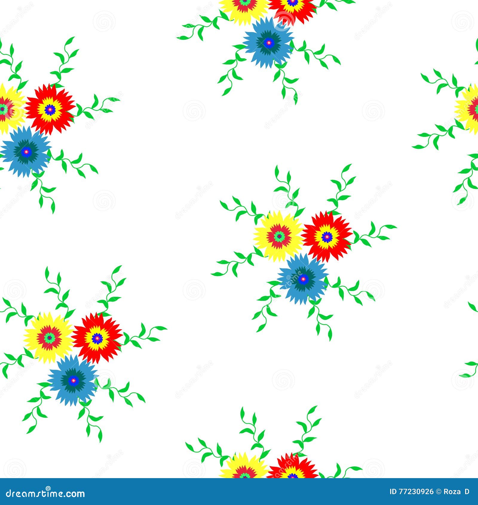Seamless Pattern of Flowers in Red, Blue and Yellow with Leaves 2 Stock