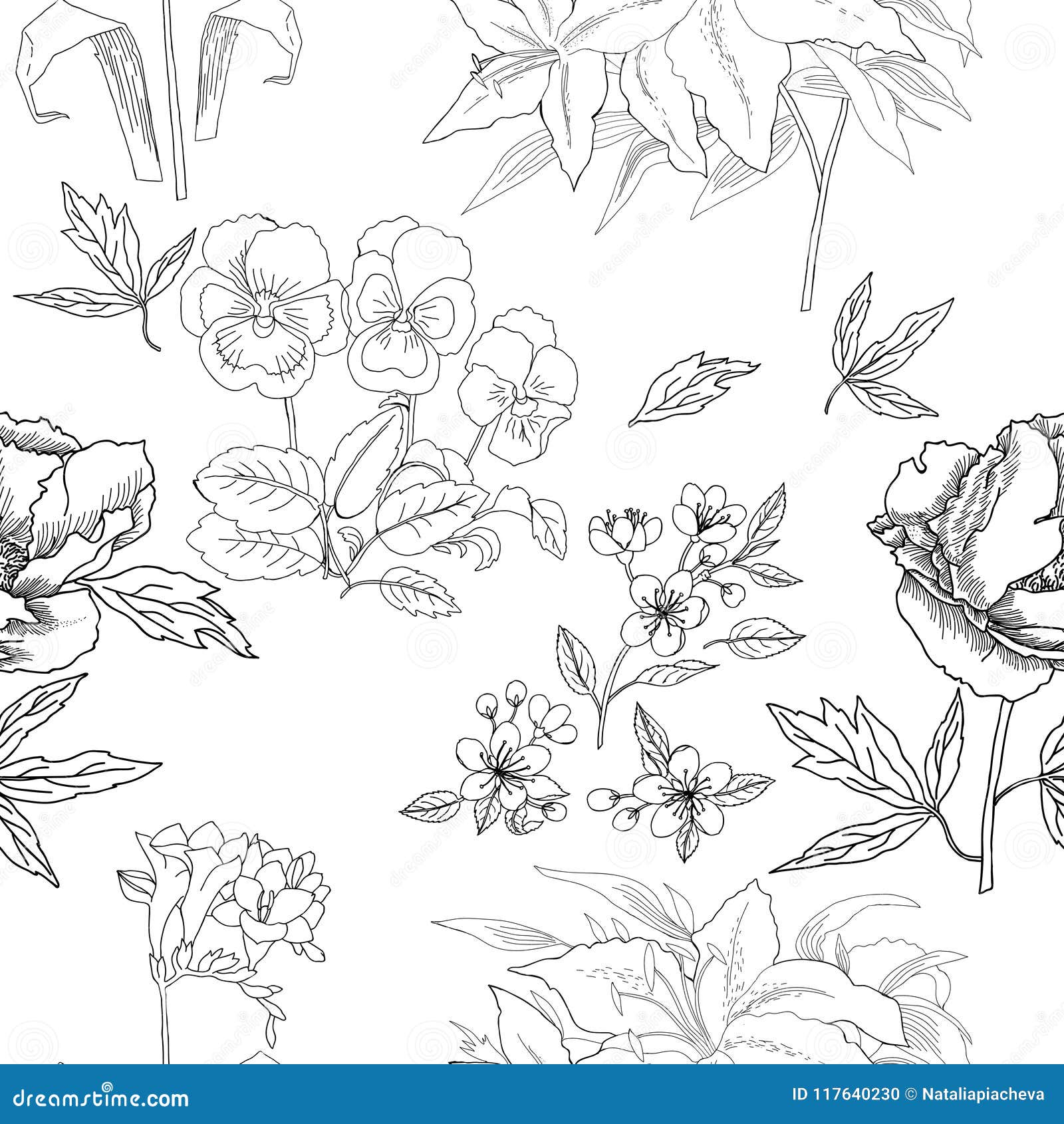 Seamless Pattern with Flowers Sketches. Hand Drawn Botanical El Stock ...