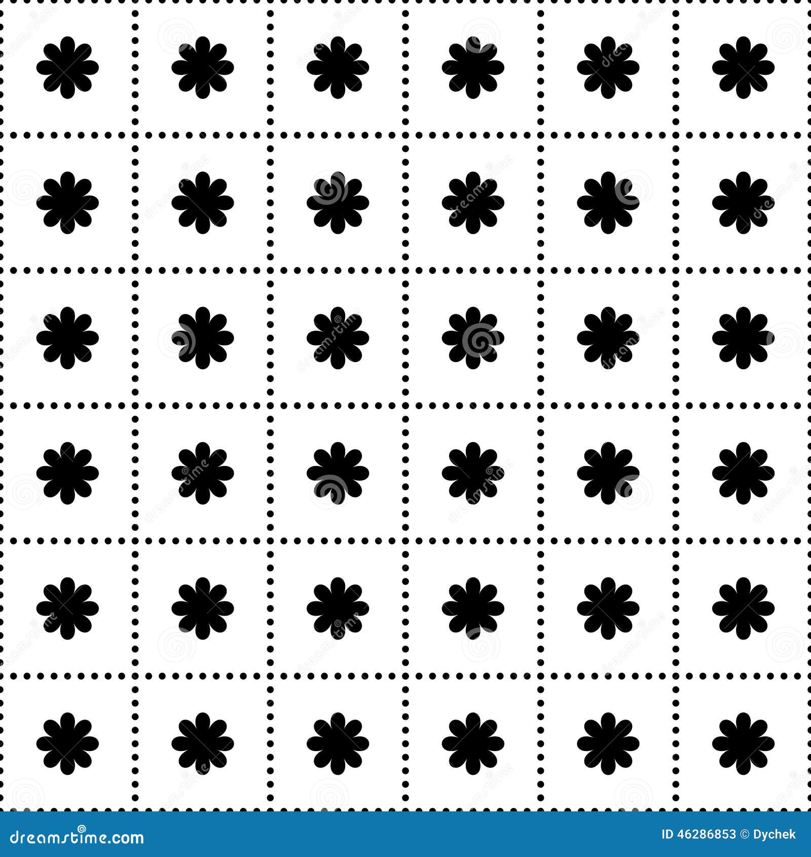 Seamless pattern with flowers in the squares. Squares of black dots. vector.