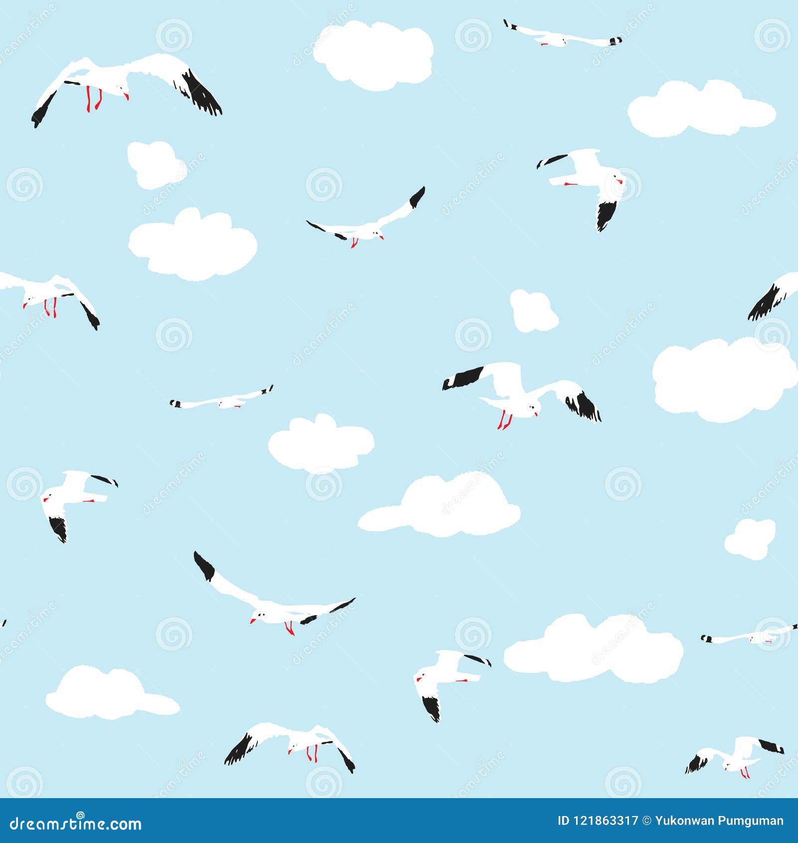 seamless pattern flying seagull with clouds on blue background