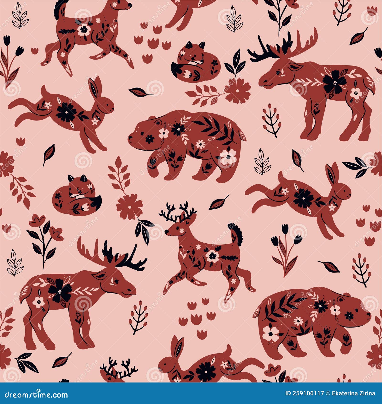 Seamless Pattern with Forest Animals and Flowers. Vector Graphics Stock Vector Illustration of