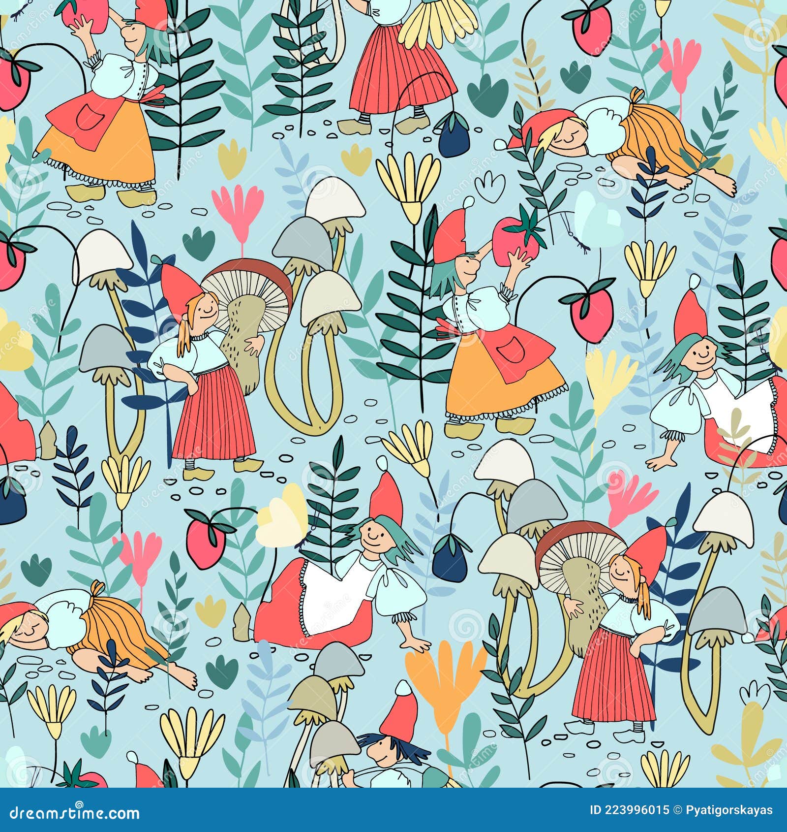 Seamless Pattern with Funny Female Gnomes Gathering Berries, Mushrooms ...