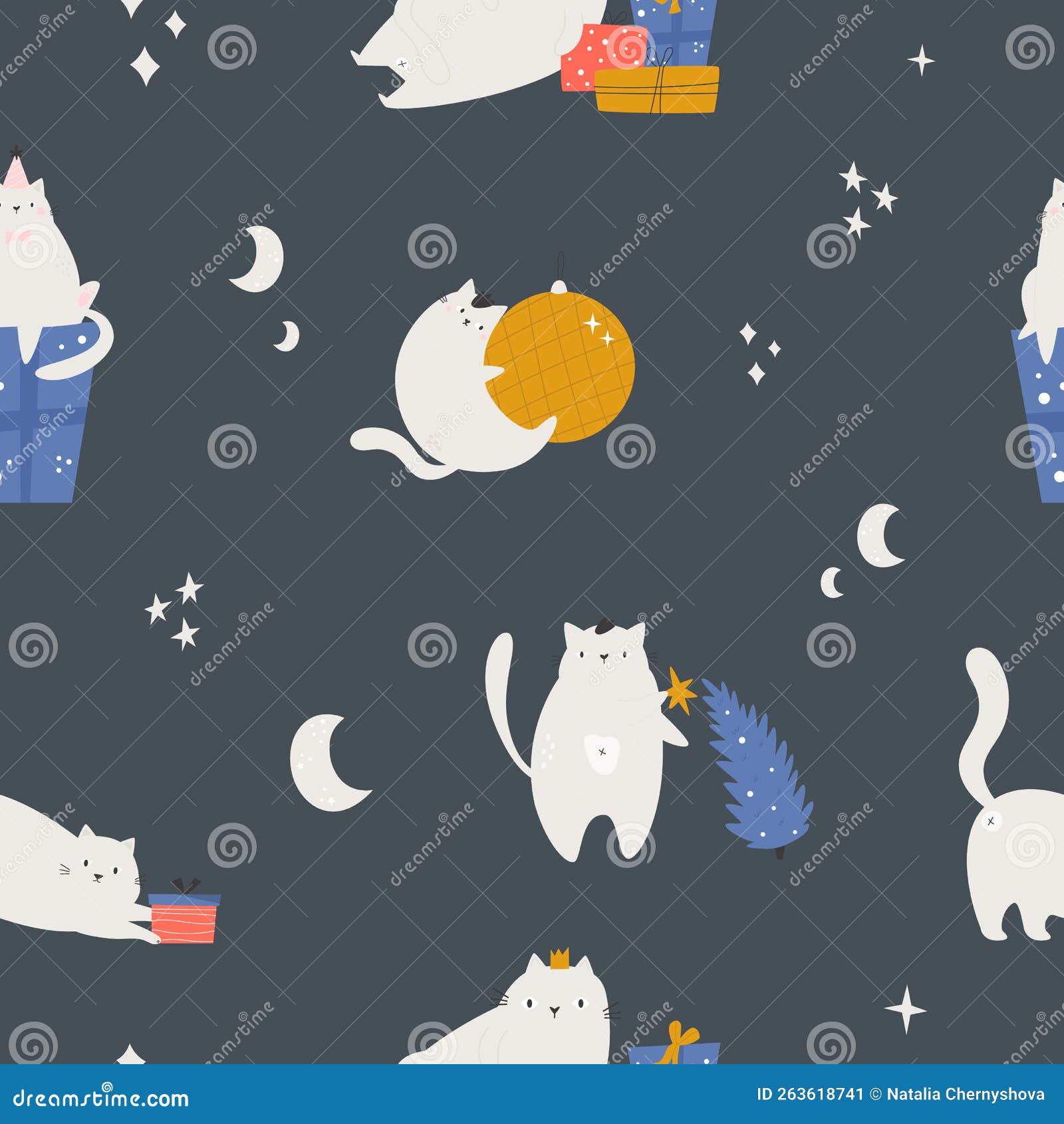 seamless pattern with funny holiday cats, decorations, christmas trees, gifr boxes