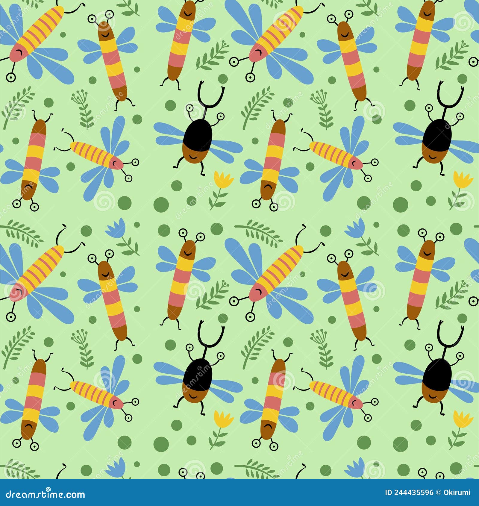 seamless pattern funny insects on green